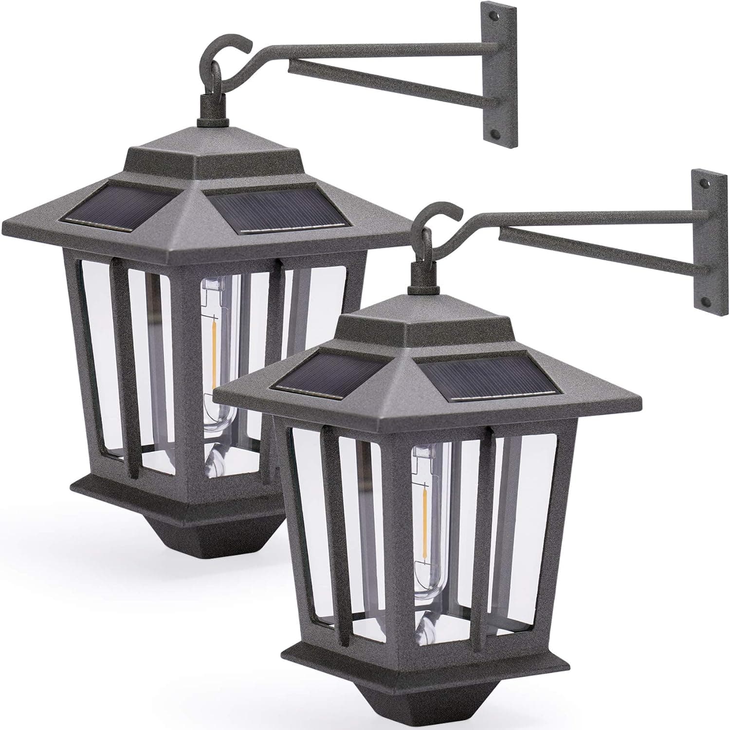 PASAMIC 2 Pack 4 Solar Panels Dusk to Dawn Led Outdoor Wall Sconce, Anti-Rust Waterproof Wall Lanterns, 3000K Warm White, Grey Powder Coat + UV Protection, for Wall, Garage, Front Porch and More