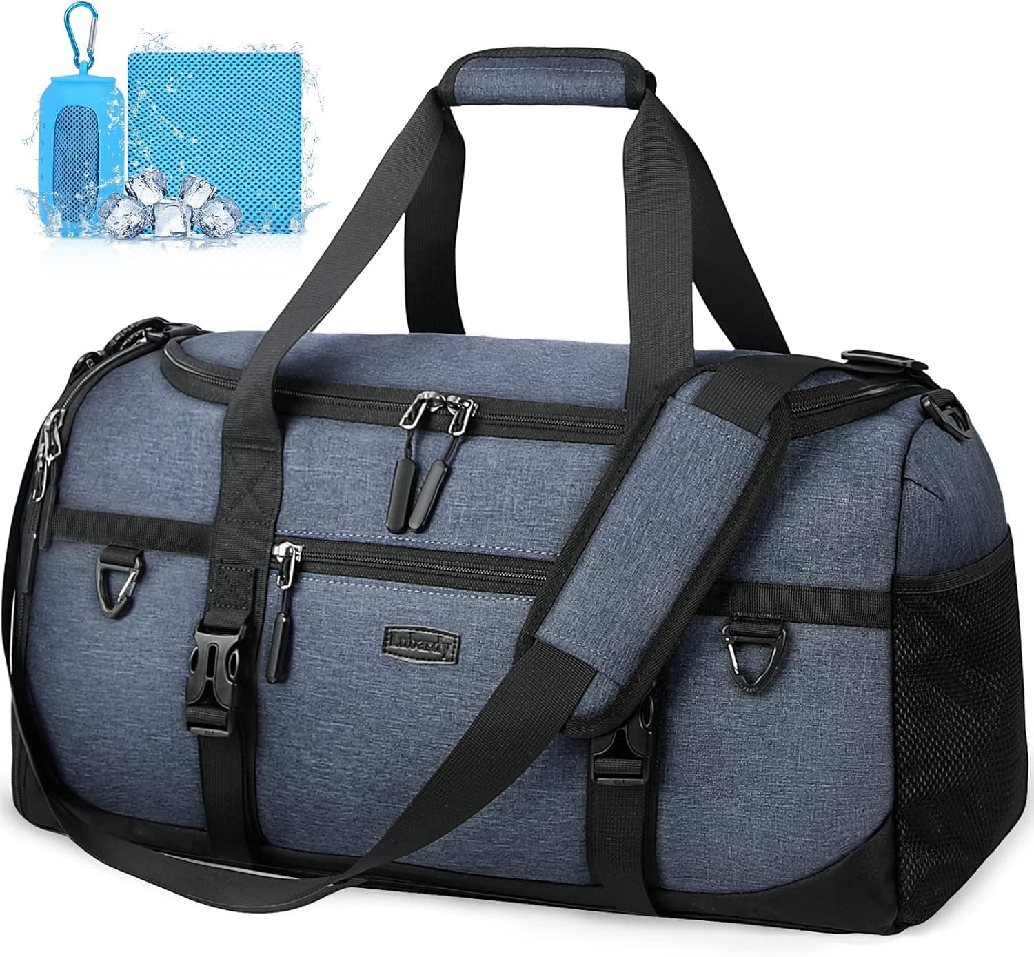Gym Duffle Bag for Men 55L Waterproof Large Sports Bag with Quick-Drying Towel Travel Duffel Bags with Shoes Compartment and Wet Pocket Weekender Overnight Bag Men Women, Blue
