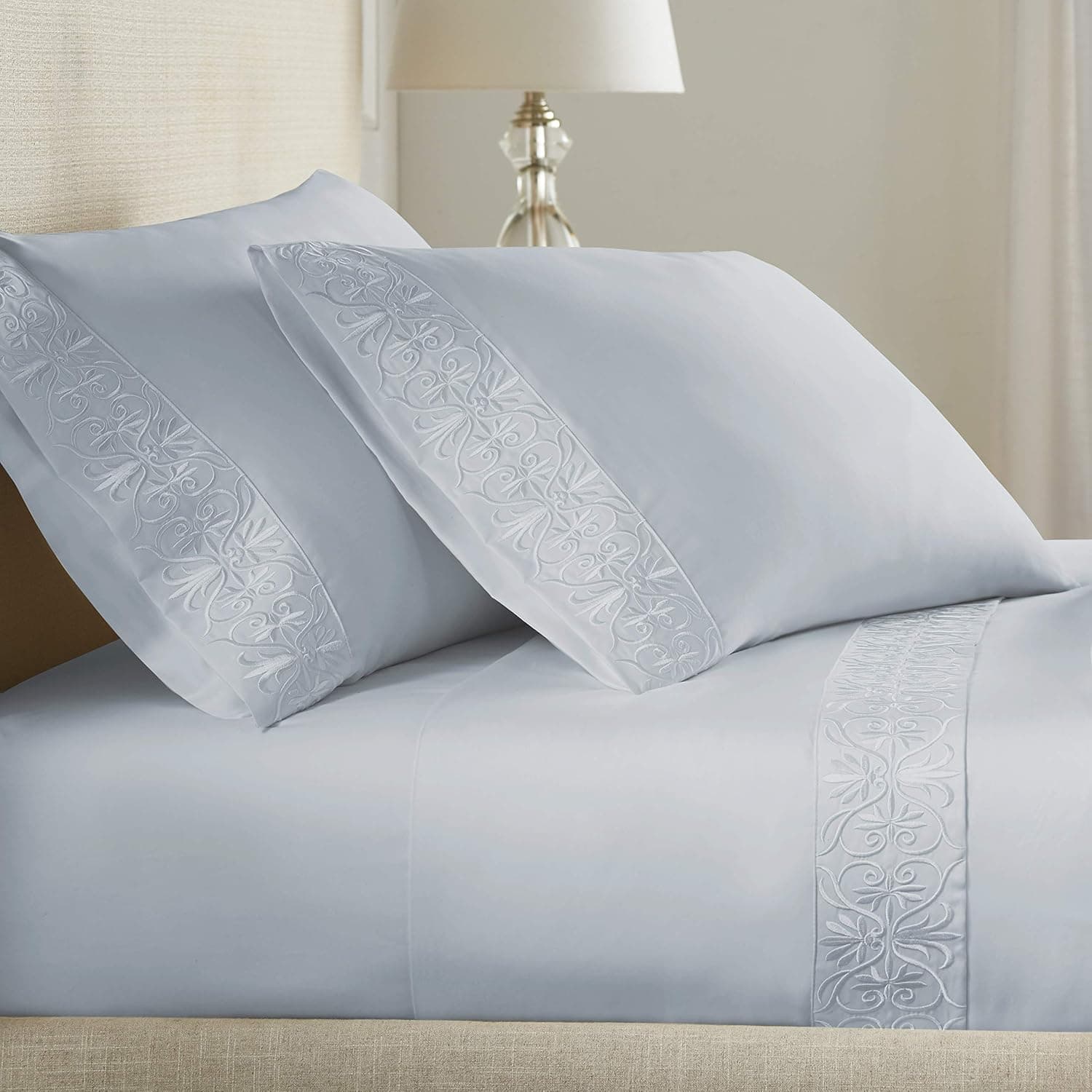 Pure Parima Luxury High End Embroidered 100% Certified Egyptian Cotton Sheet Set, Extra-Long Staple, Cool, Breathable, Ultra Comfort, Tone-on-Tone Scroll Embroidery, All Natural (ICY Blue, King)