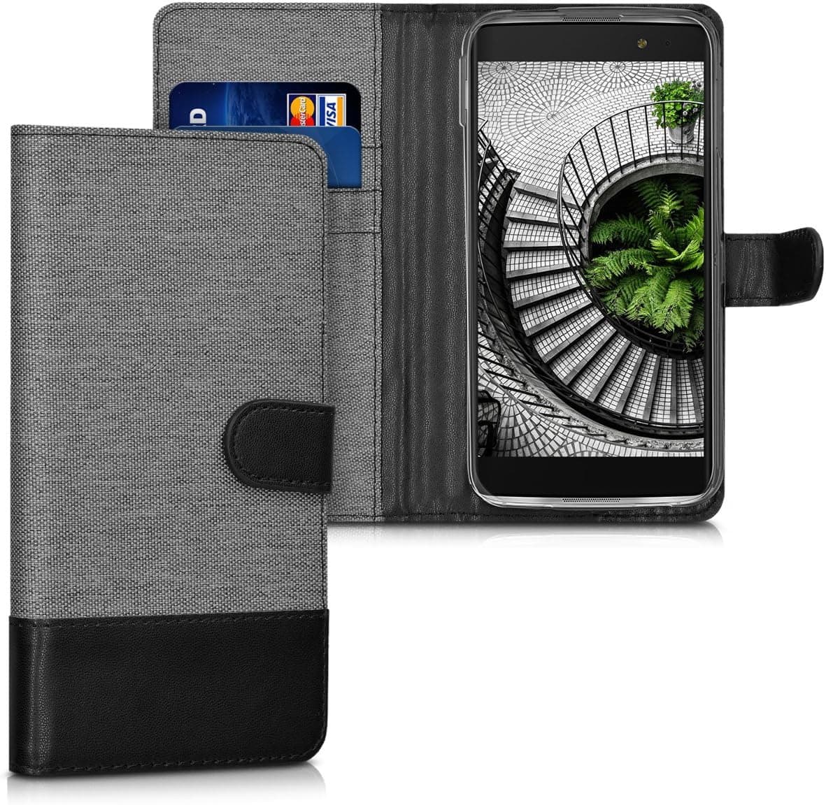 kwmobile Case Compatible with Alcatel Idol 4S - Wallet Case Fabric and PU Leather Phone Flip Cover with Slots - Grey/Black