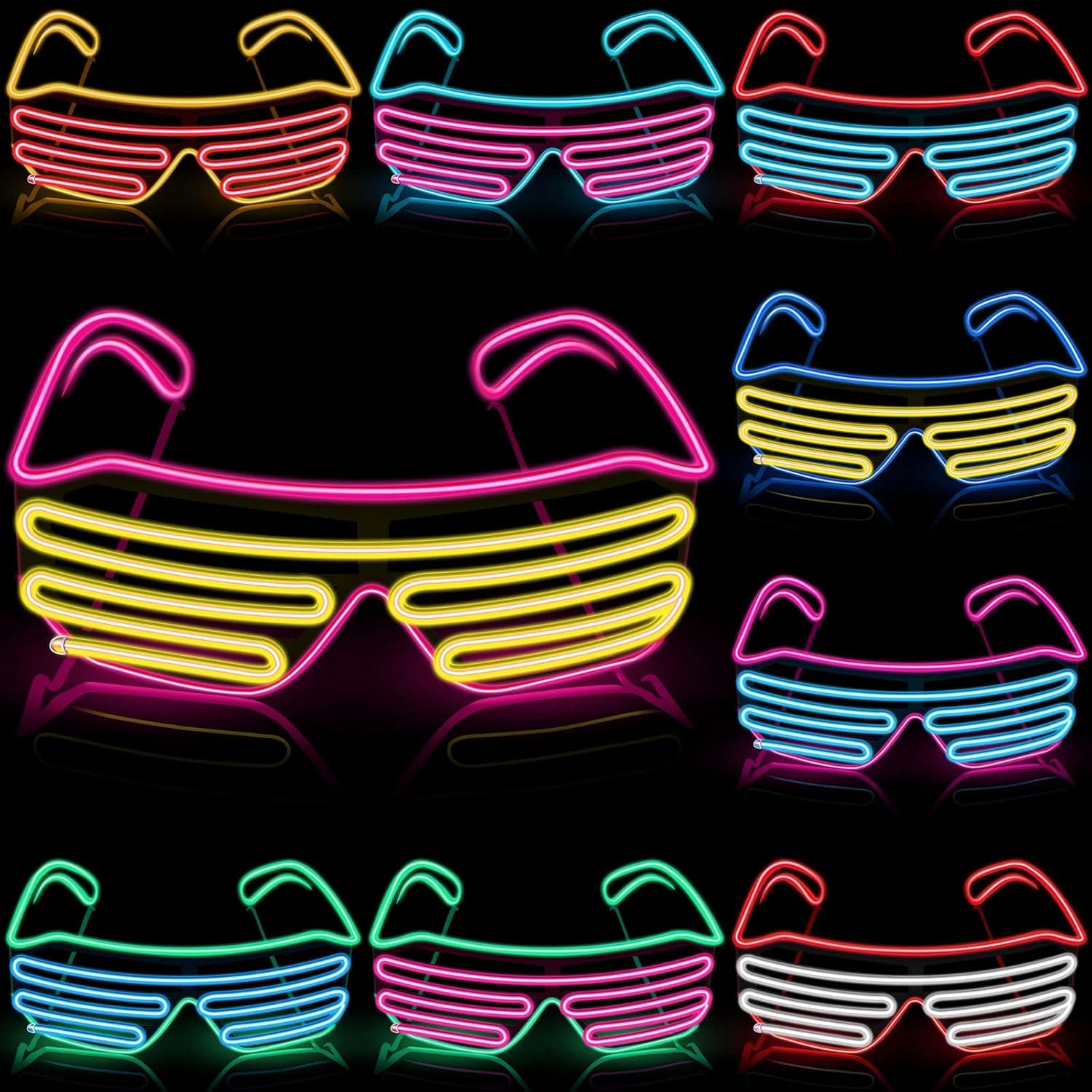 9 Pieces LED Glasses El Wire Neon Rave Shutter Glasses Flashing Sunglasses Glow in the Dark Light up Glasses for Adult Kids 80s EDM Birthday 4th of July Party Decorations