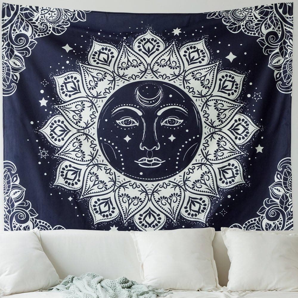 MIULEE Psychedelic Moon and Sun Tapestry Dark Blue White Celestial Wall Hanging Indian Hippie Bohemian Mandala Tapestry for Bedroom Living Room 51X59 Inch