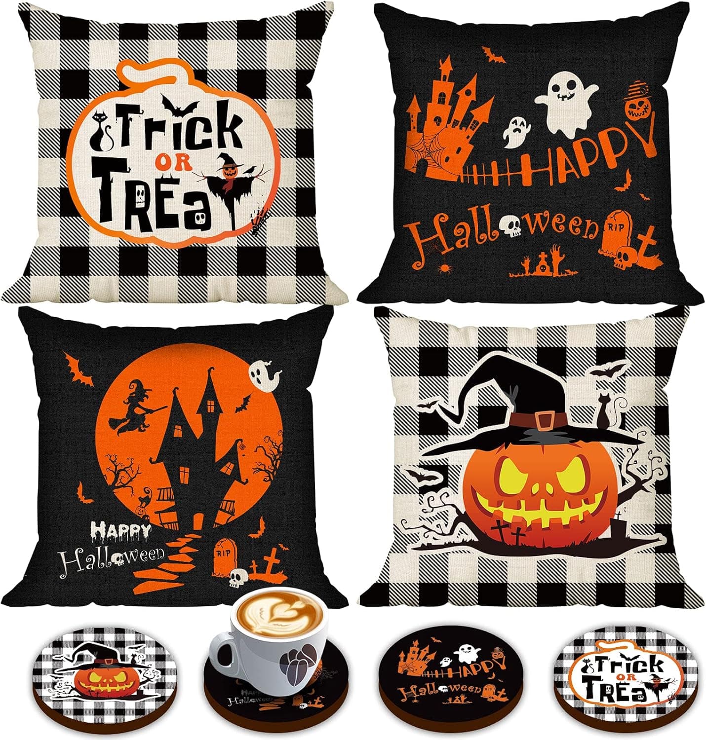 Set of 4 Happy Halloween Throw Pillow Covers 18 x 18 with 4 Bonus Coasters, Buffalo Check Pumpkin Decorative Pillowcases, Festive Ghost Bat Caster Trick or Treat Decorations for Farmhouse
