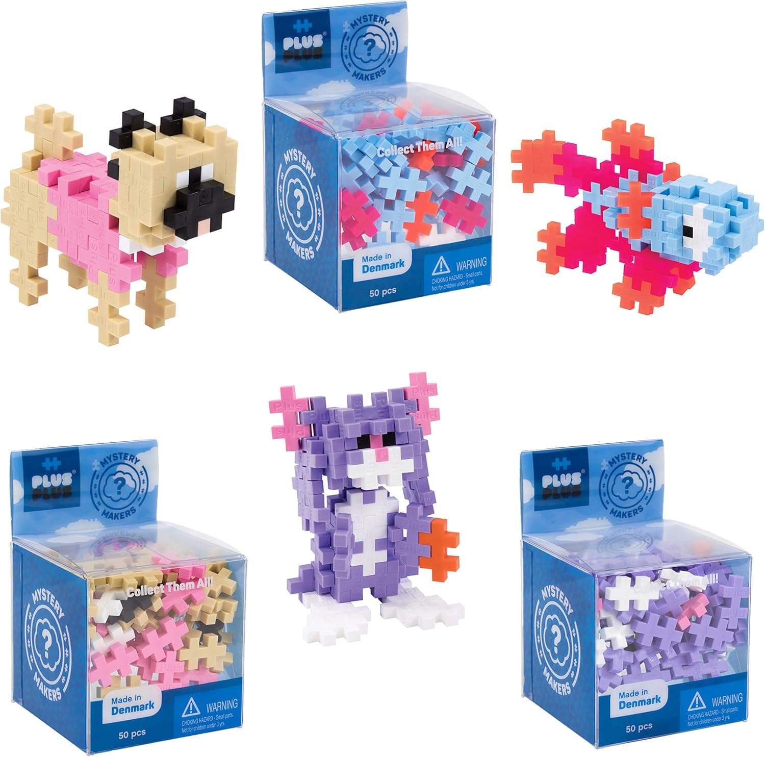 PLUS PLUS – Set of 3 Mystery Makers – Pets, Bundle 1 – Construction Building STEM | STEAM Toy, Interlocking Mini Puzzle Blocks for Kids