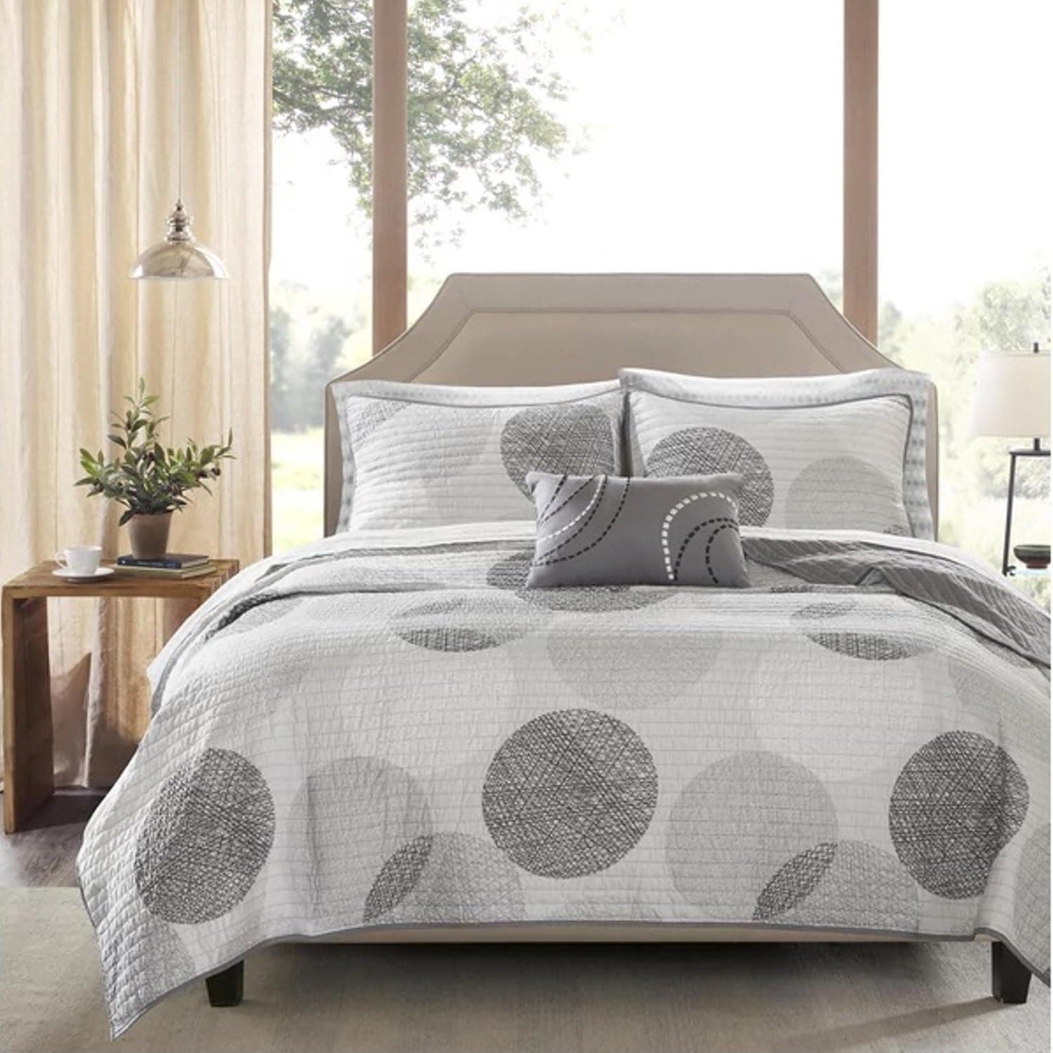 8 Piece Geometric Circular Pattern Coverlet Set Full Size, Featuring Circle All Over Design Comfortable Bedding, Contemporary Stylish Casual Polka Dot Inspired Bedroom Decoration, Grey, White