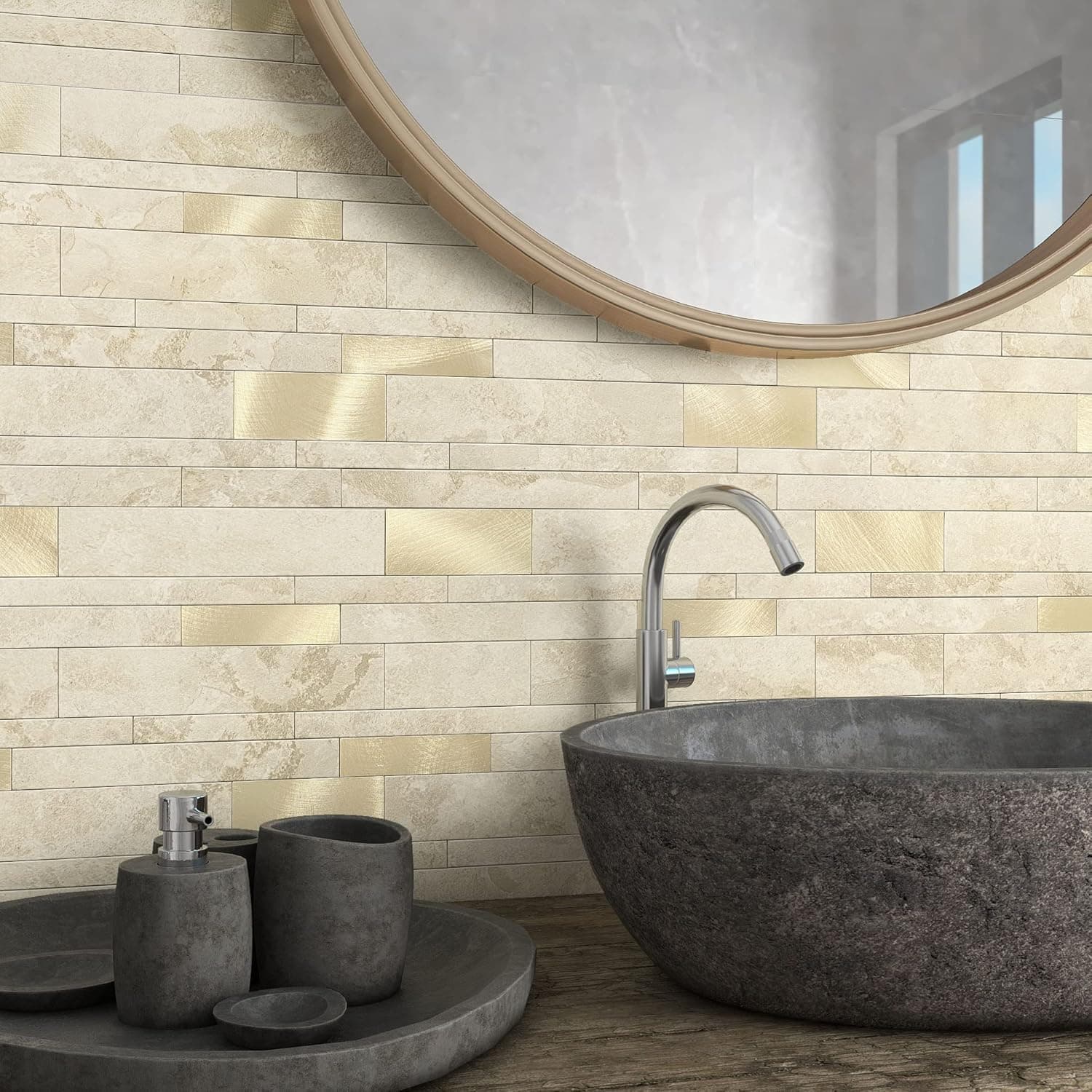 VAOVI Peel and Stick Tile Kitchen Backsplash Tiles Peel and Stick,Bathroom Backsplash Peel and Stick Linear Mosaic Tile Waterproof(10Tiles,Beige)