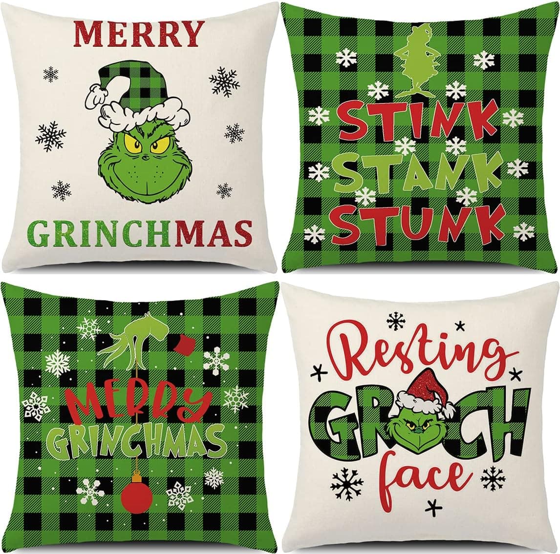 Set of 4 Christmas Throw Pillow Covers Green Buffalo Check Pillow Covers Merry Christmas Cushion Covers Linen 18 x 18 Inch