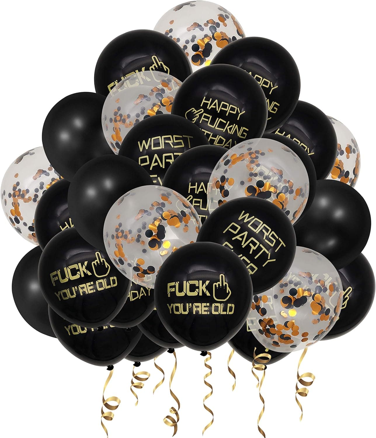 Tuoyi Black and Gold Happy FING Birthday Party Supplies,90 Pcs Adult Funny Birthday Balloons Set