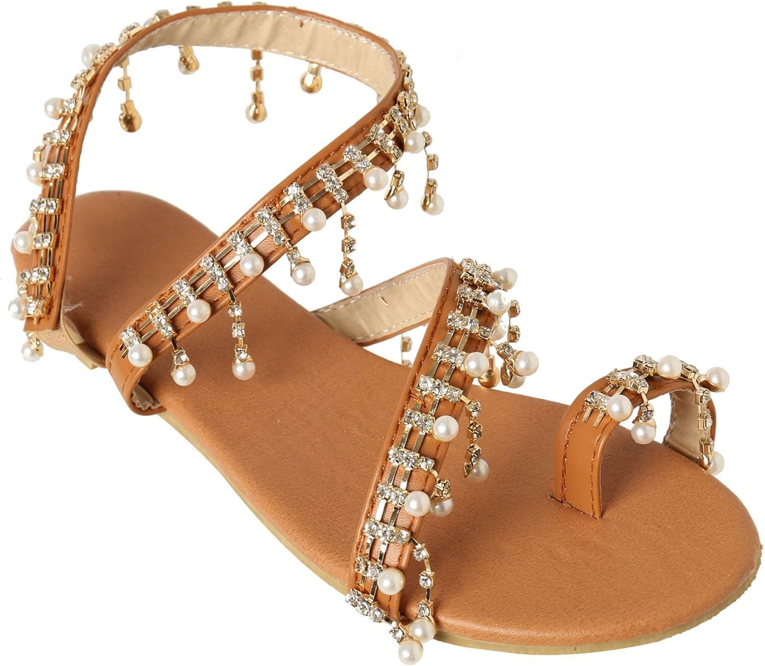 Xiakolaka Womens Sandals Flat,Beaded Toe Ring Casual Wedding Pearl Shoes Gold 40