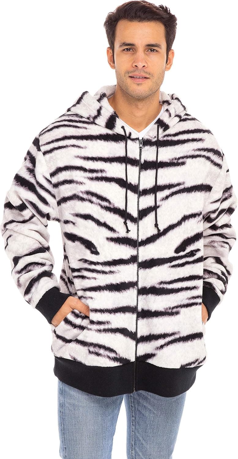 Alexander Del Rossa Men's Fleece Zip Up Hoodie with Zipper Side Pockets, Elastic Waist & Cuffs, Medium White Tiger (A0431A14MD)