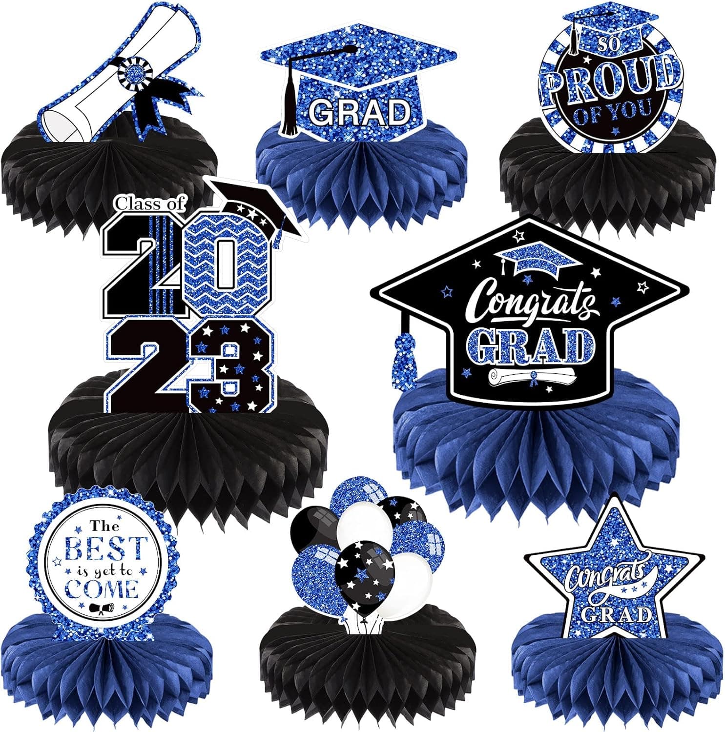 8 Pcs Graduation Party Decorations Class of 2023 Congrats Grad Table Centerpieces Congratulate Graduation Honeycomb Table Toppers for Graduation Party Supplies (Black, Blue)