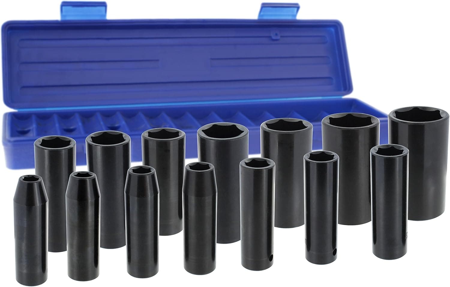 Drixet 1/2" Drive Deep Metric Impact Socket Set | 14-Piece 6-Point CR-V Sockets with Case | Includes Sizes: 10, 11, 12, 13, 16, 17, 18, 19, 21, 22, 24, 27, 30 & 32mm