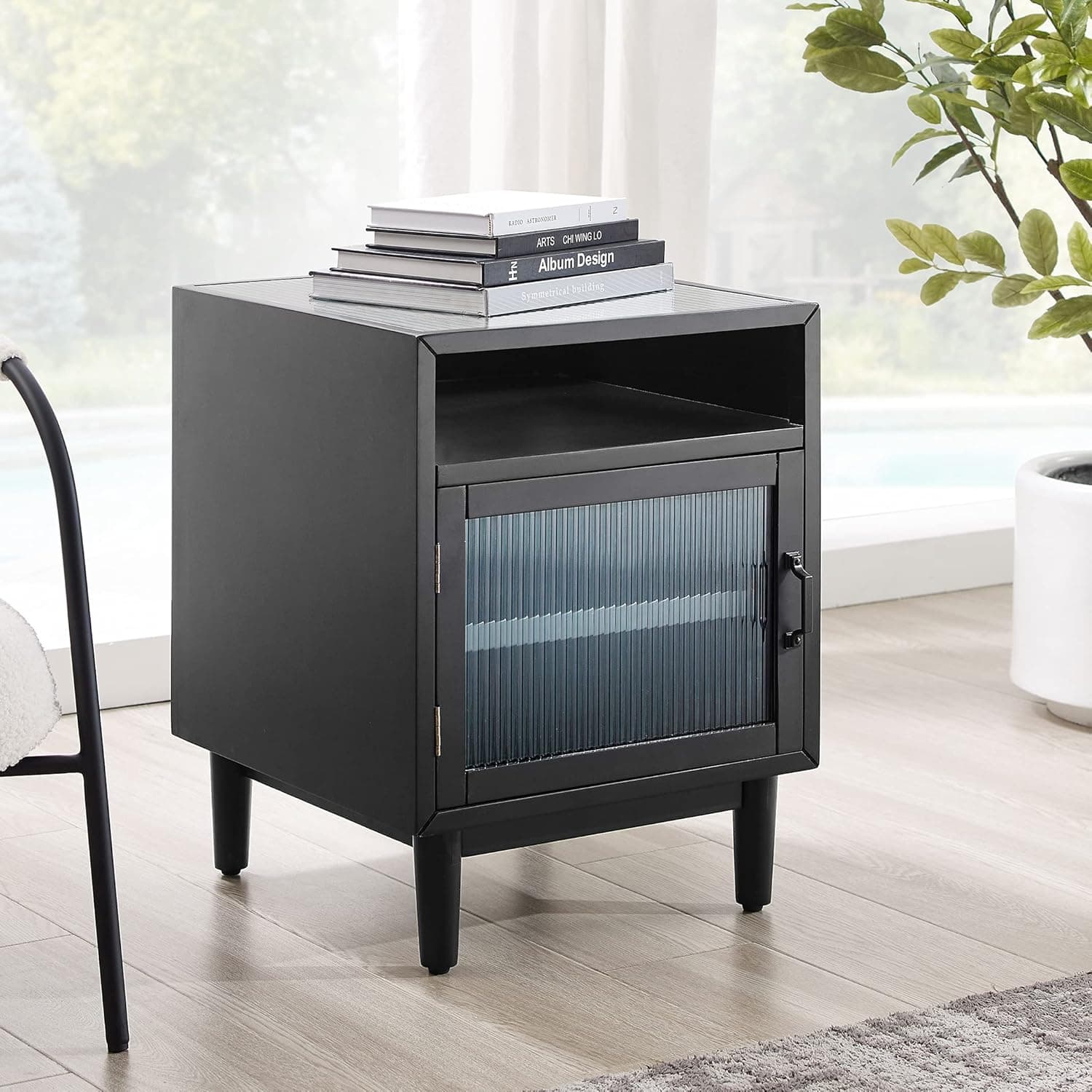 Art Leon Mid Century Modern Wood Nightstand with Glass Top and Door, Accent End Table with Storage Drawer for Bedroom