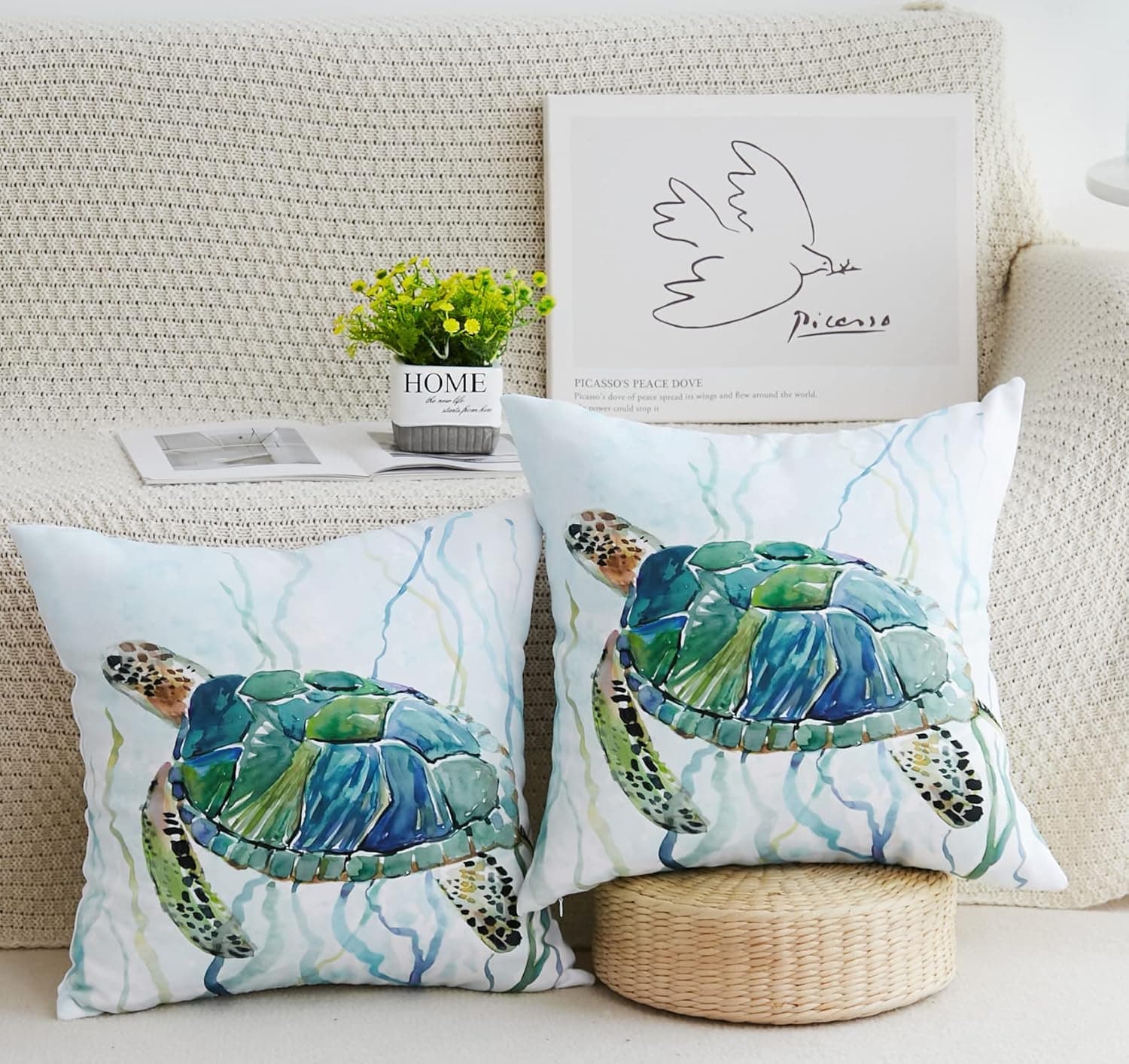 Coastal Turtle Throw Pillow Covers 20x20 Inch Blue Watercolor Sea Turtle Beach Decorative Pillow Case Ocean Nautical Art Soft Cushion Covers for Home Bed Living Room Sofa Couch, Set of 2