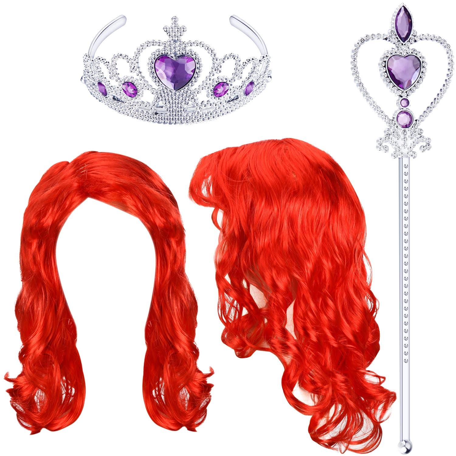 WILLBOND Halloween Mermaid Costume Wig Long Wavy Red Cosplay Hair Wig with Princess Tiara, Wand Cosplay Accessories for Halloween Party, over 8 years old