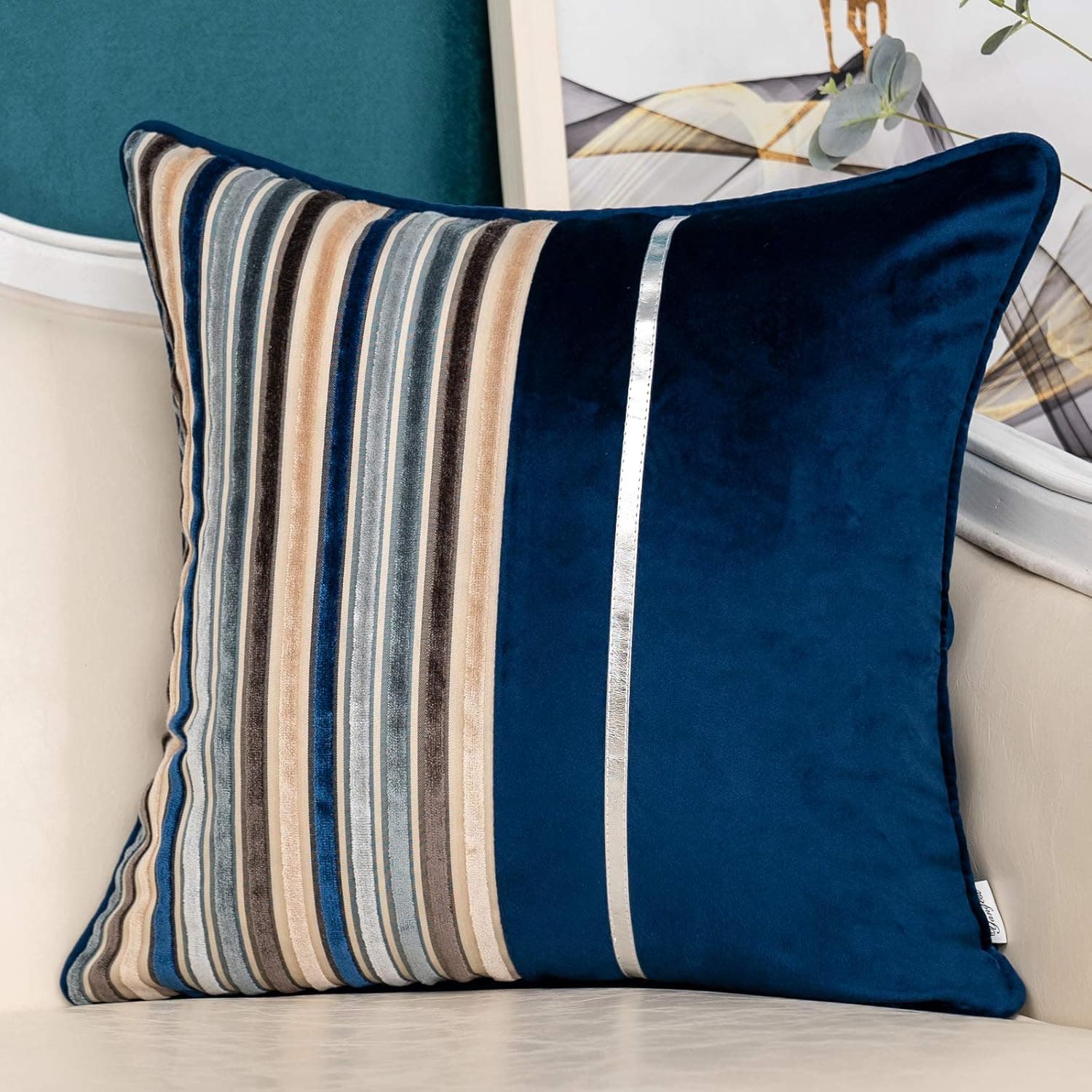 Yangest Navy Blue Striped Patchwork Velvet Throw Pillow Cover Silver Leather Cushion Case Modern Neutral Pillowcase for Sofa Couch Bedroom Living Room Home Christmas Decoration,20x20 Inch