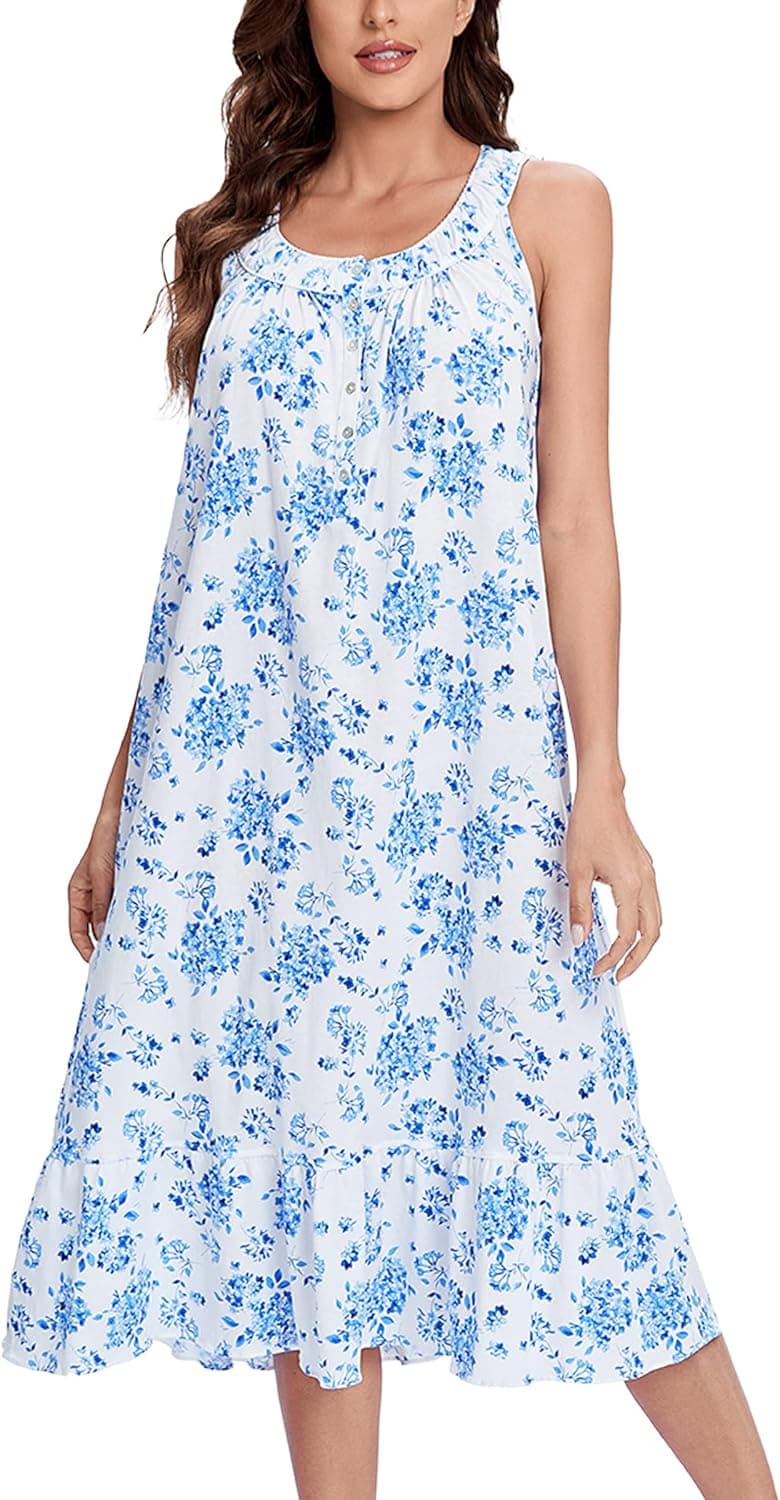 IZZY + TOBY 100% Cotton Nightgowns for Women Soft Ladies Gowns Sleepwear Long Sleeveless Nightgown