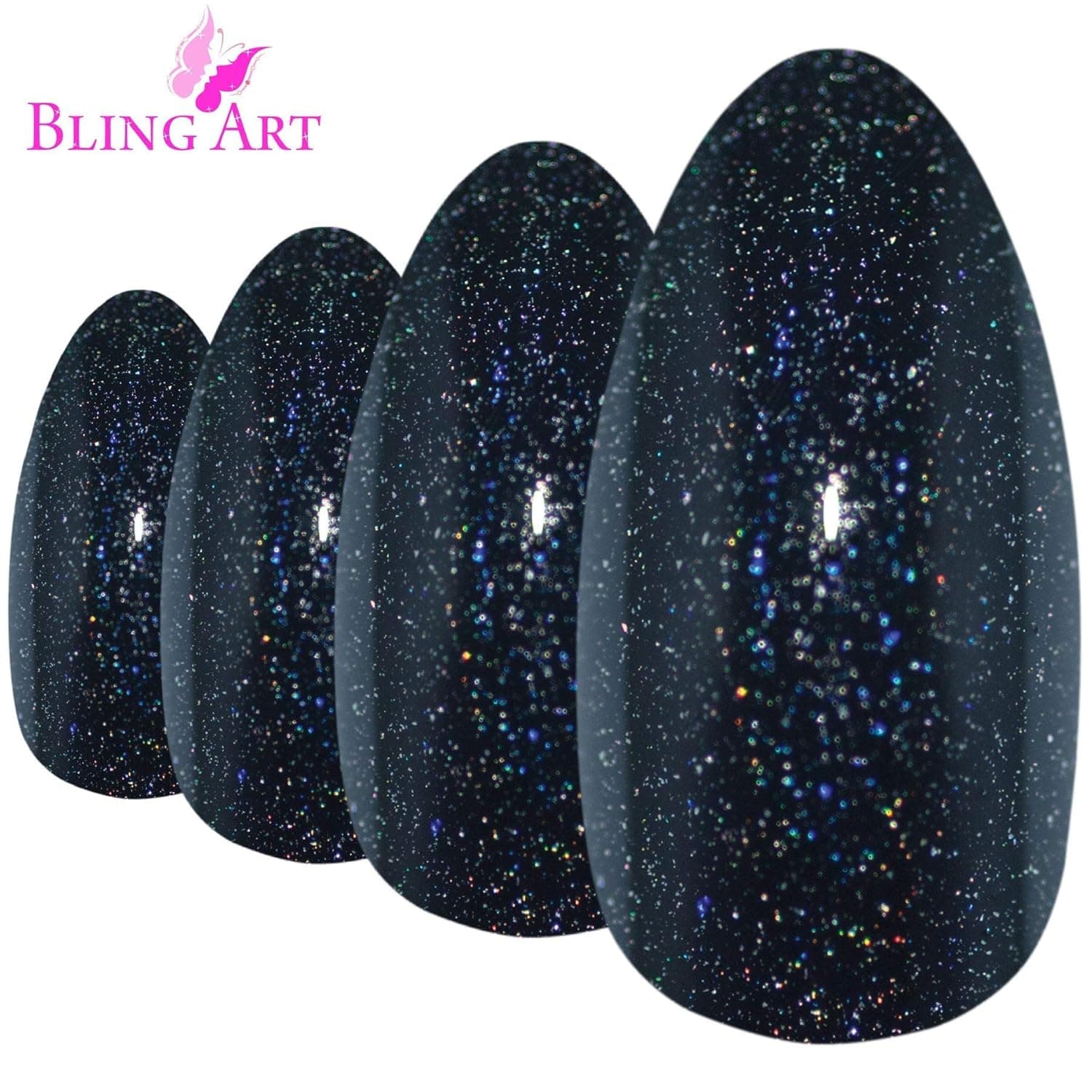 Bling Art Almond False Nails Fake Stiletto Gel Black Acrylic Long 24 Tips Glue