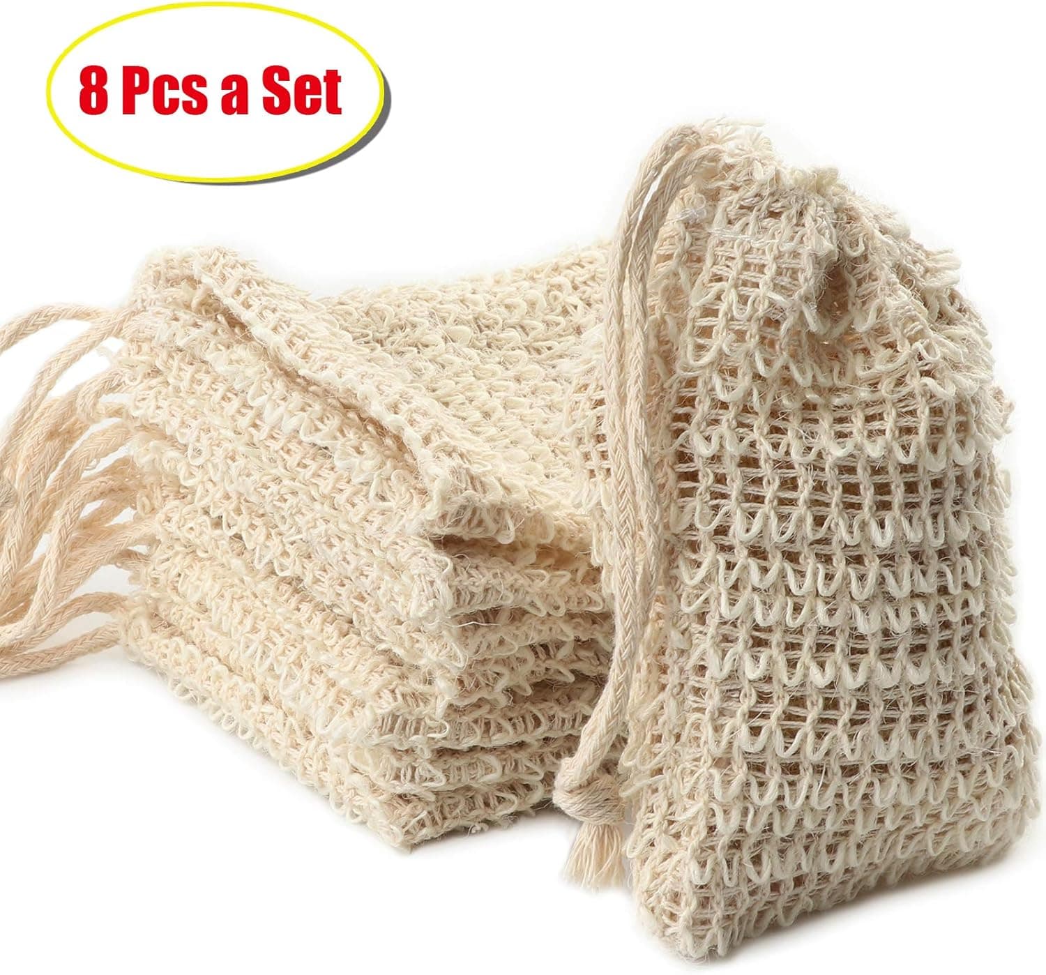 FIBO STEEL 8 Pack Shower Bath Exfoliating Natural Sisal Soap Bag Pouch Holder Soap Saver