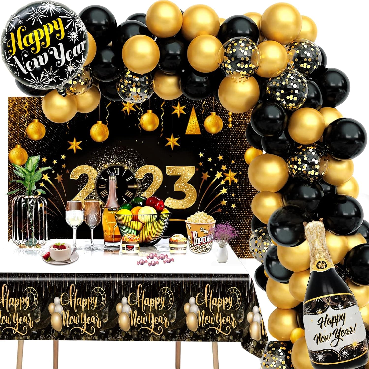 New Years Eve Party Supplies 2023 Black Gold Happy New Year Banner ,Black and Gold Confetti Balloons,Tablecloth Kit Happy New Year Birthday Party Decorations