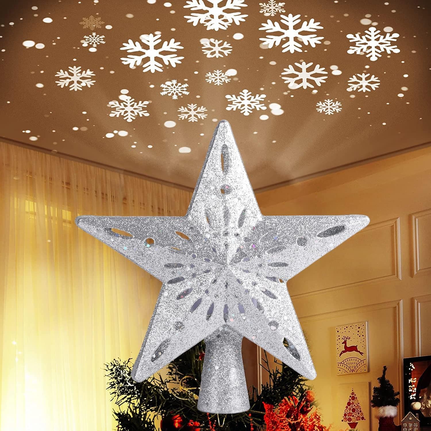 Christmas Star Tree Topper, Animated Tree Topper, Light Up Christmas Tree Star, Indoor Christmas Decorations for Home, Xmas Tree Stars, Lighted Snowflake Projector, Silver Tree Star Topper Projector
