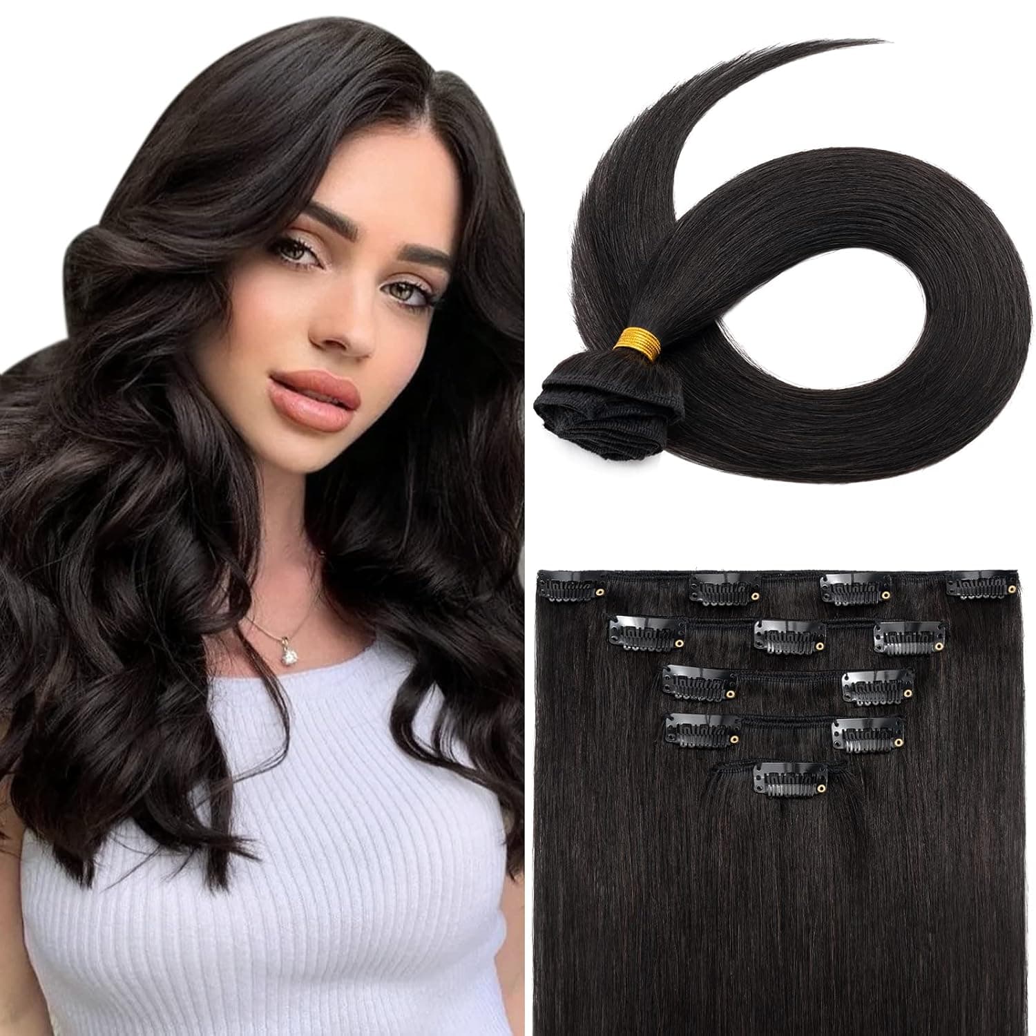 Clip In Hair Extensions Real Human Hair, Tess Silky & Natural Straight Double Wefts Invisible Clip-ins Hair Extension for Women 5 PCS 70G/Pack(#1B, 20 inch)