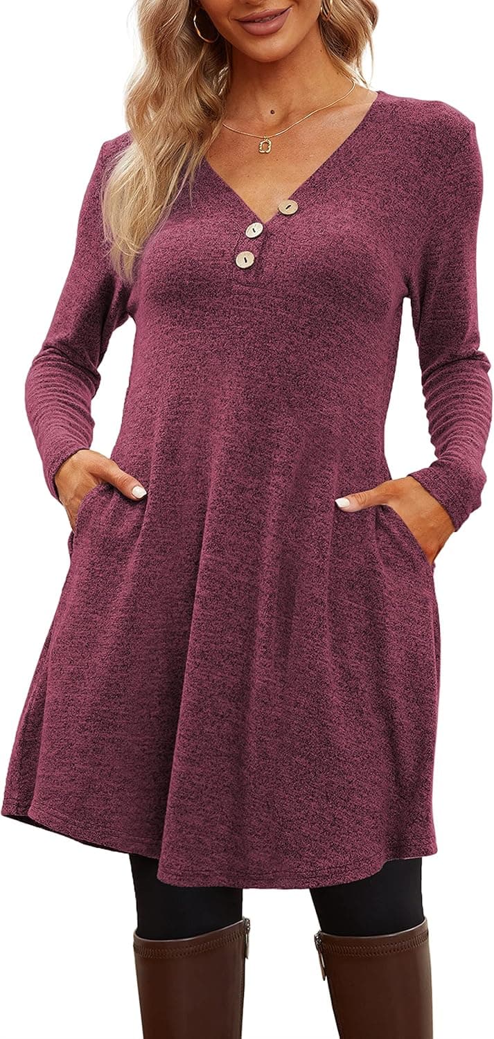 Jar of Love Women's Long Sleeve V-Neck Button Down Casual Sweater Long Tunics Mini Fall/Winter Dress with Pockets