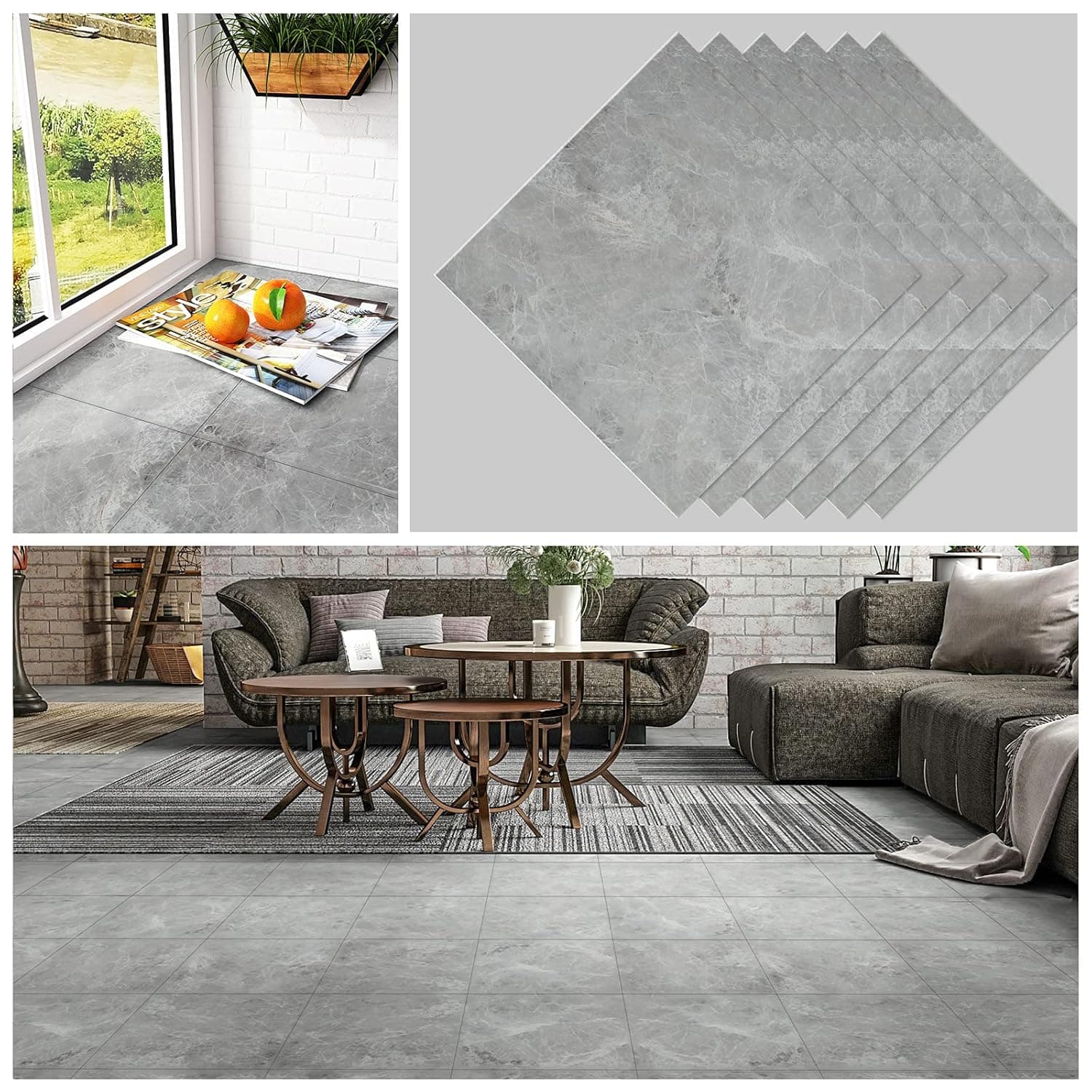 CHICHOME Peel and Stick Floor Tile Grey Marble Vinyl Floor Tile 12''x12'' 6 Pack Self Adhesive Removable Vinyl Flooring Waterproof Sticky Tiles for Floor Bedroom Bathroom Kitchen Basement Living Room