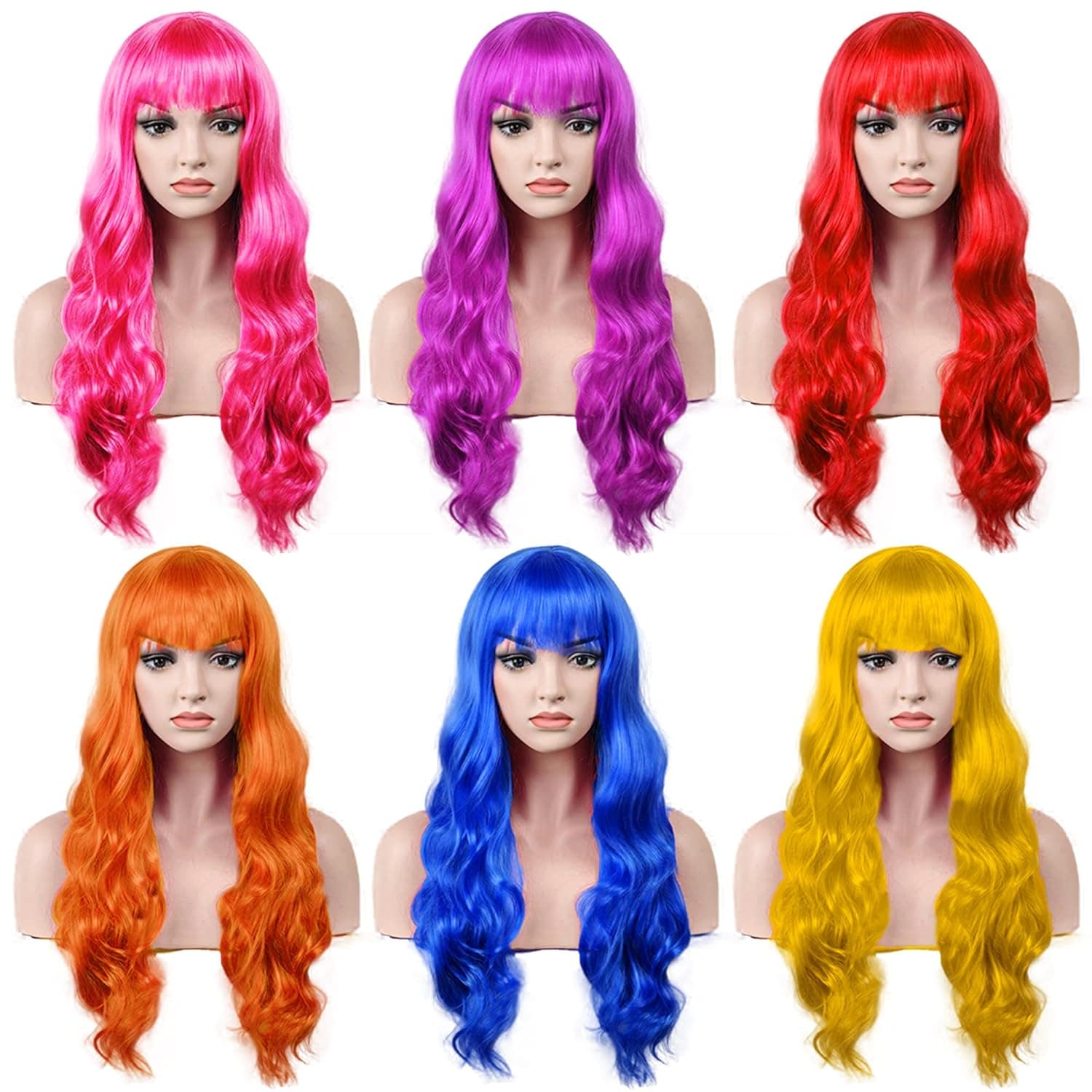 6 Pieces Colorful Long Curly Wigs Long Colorful Wavy Hair Wig Colored Cosplay Costume Wigs Daily Party Wig Hairpiece for Women Girls Halloween Costume Night Club with Free Wig Cap