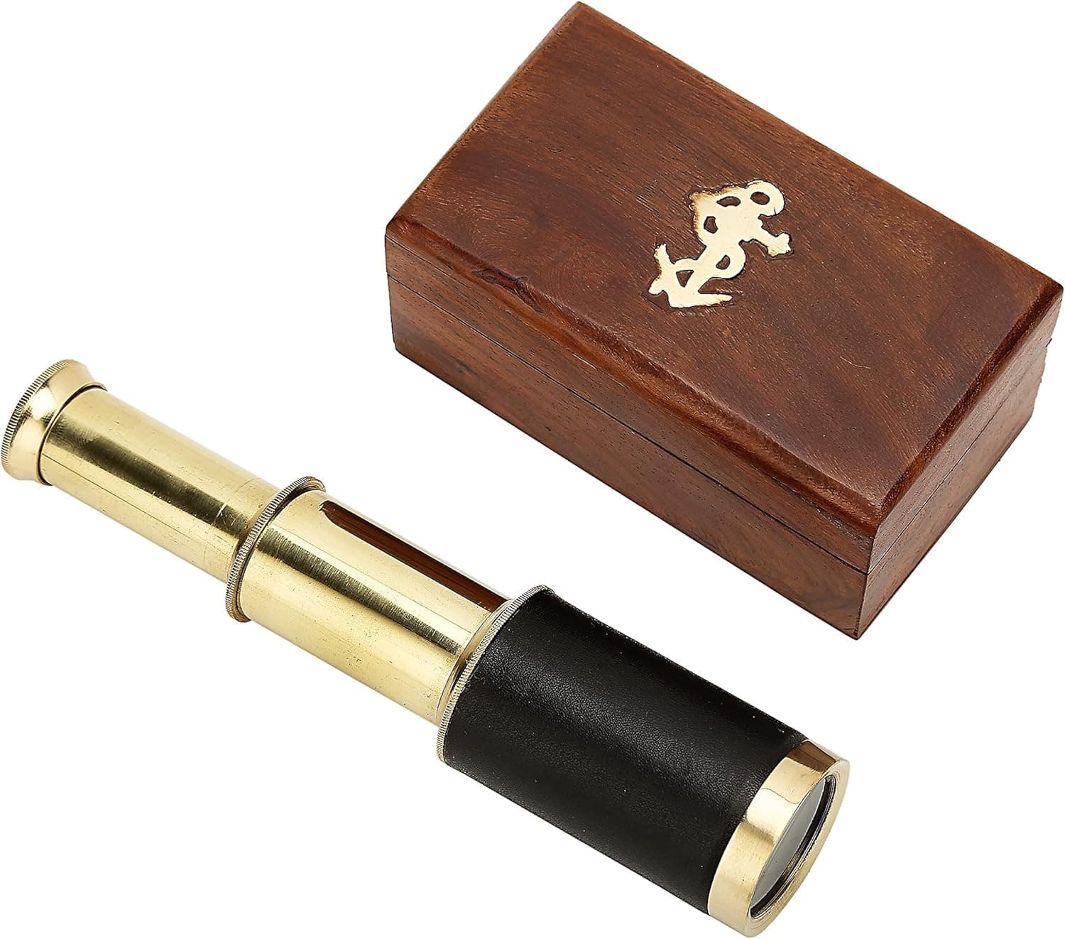 raajsee Mini Pirate Spyglass Telescope Brass Colapsable Hand Telescope with Wooden Box Small Vintage Telescope Pirate Decore Brass Decorative Telescope 6''