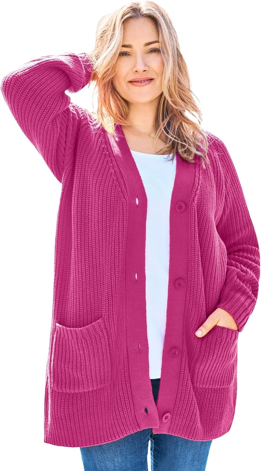 Woman Within Women's Plus Size Long-Sleeve Shaker Cardigan Sweater