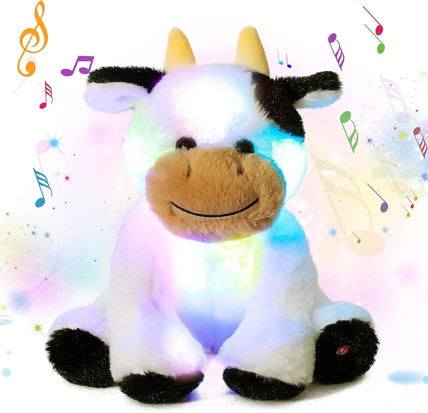 Cuteoy Musical LED Plush Cow Light up Stuffed Singing Dairy Cattle Animals Lullaby Floppy Night Lights Glow Afraid of Dark Gifts for Kids Toddlers on Birthday Xmas, 10