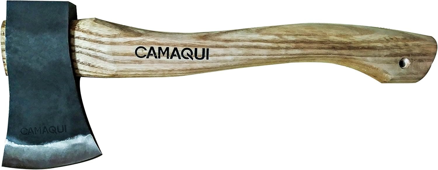 CAMAQUI Hatchet 15" Hand Forged High Carbon Steel with Handmade Wooden Handle and Leather Sheath Ideal Hand Axe for Camping Bushcrafting Backpacking and Wood Splitting