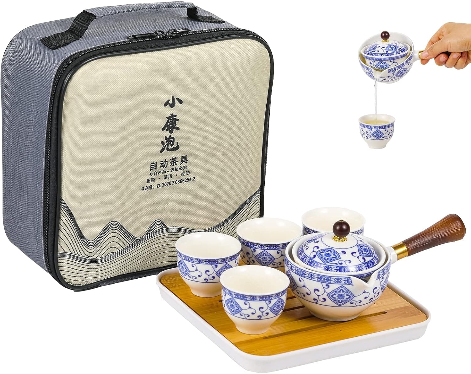 Ceramic Kungfu Tea Set Handmade Ceramic Teapot Set with 4 Tea Cups, Teapot,Tea Strainer, Bamboo Tea Tray And Travel Bag for Travel, Home,Outdoor and Office