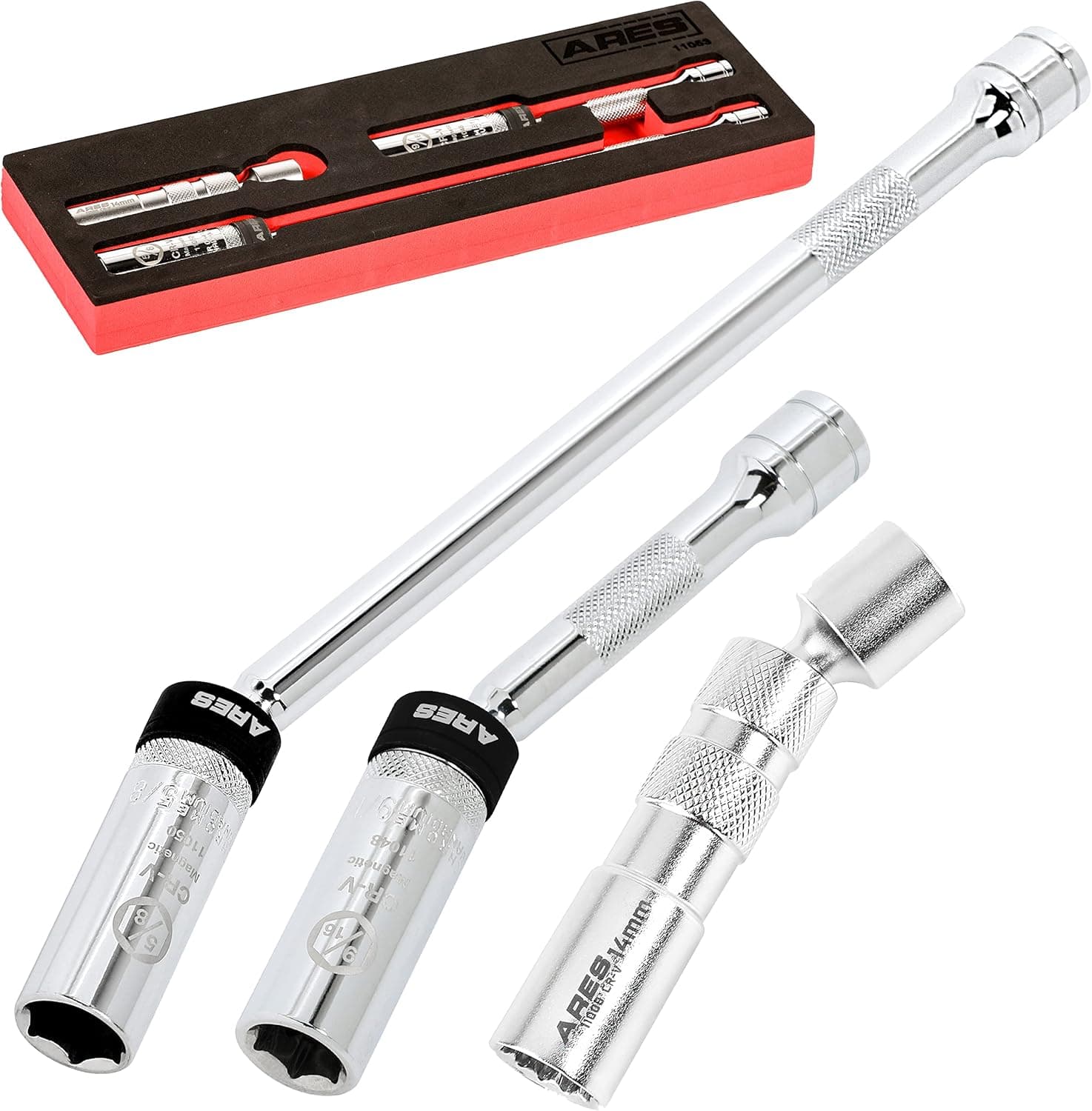 ARES 11053-3-Piece 3/8-Inch Drive Magnetic Swivel Spark Plug Socket Set - 14mm Extension Thin Wall Socket, 9/16-inch Extension Socket, and 5/8-inch Extension Socket – Heavy Duty Retaining Ring