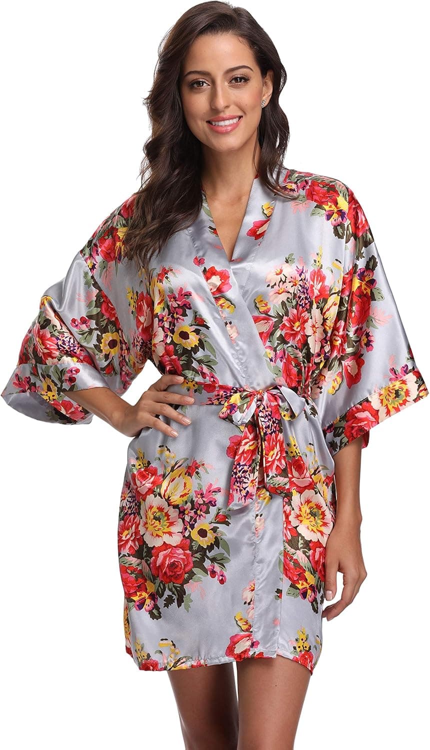 CostumeDeals Floral Robes for Women Bride Bridesmaid Short Kimono Robe Satin Dressing Gown for Wedding Party