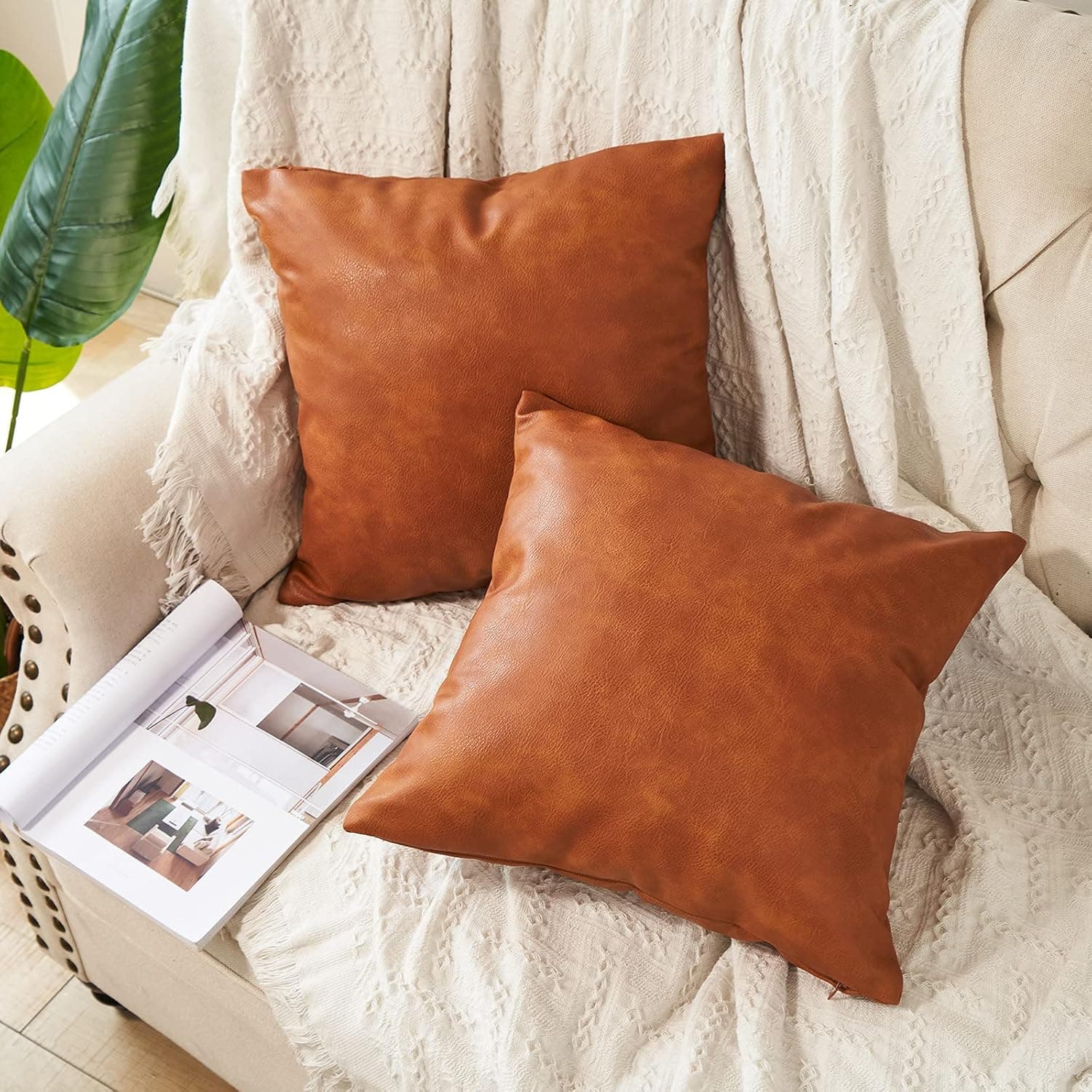 RutherCraft Pack of 2 Thick Hight Quality Faux Leather Throw Pillow Covers,Square Modern Decorative Throw Pillow Case for Farmhouse Sofa Couch Bed Car,20x20 Brown