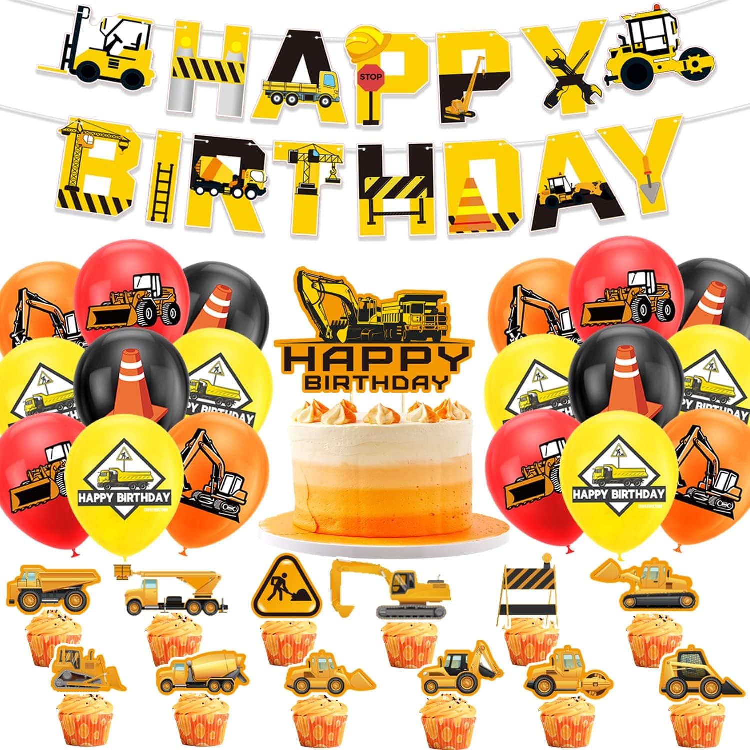 Construction Birthday Decorations for kids, Construction Party Supplies Set Construction Birthday Banner Cake Cupcake Toppers Construction Balloon for kids Birthday Party
