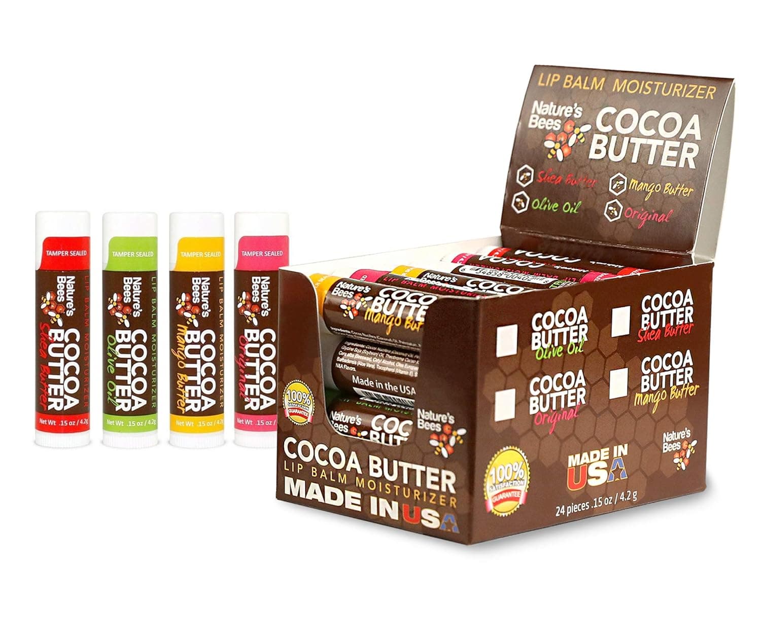 Nature's Bees, Cocoa Butter Lip Balms, Lip Moisturizer Treatment - Pack of 24 (Original Variety Assortments - Original, Olive Oil, Mango Butter, Shea Butter)