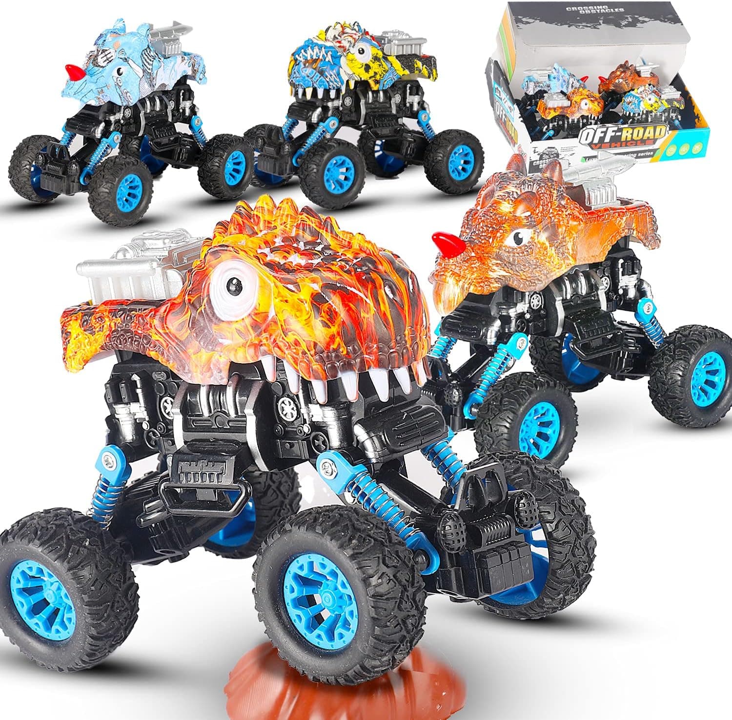 Monster Trucks for Boys Pull Back Dinosaur Car Toys 4 Pack Dino Toys for 3 4 5 6 Year Old Boys Girls Toddlers T-Rex Dinosaur Games Monster Trucks for 3-5 Year Old Christmas Birthday Gifts