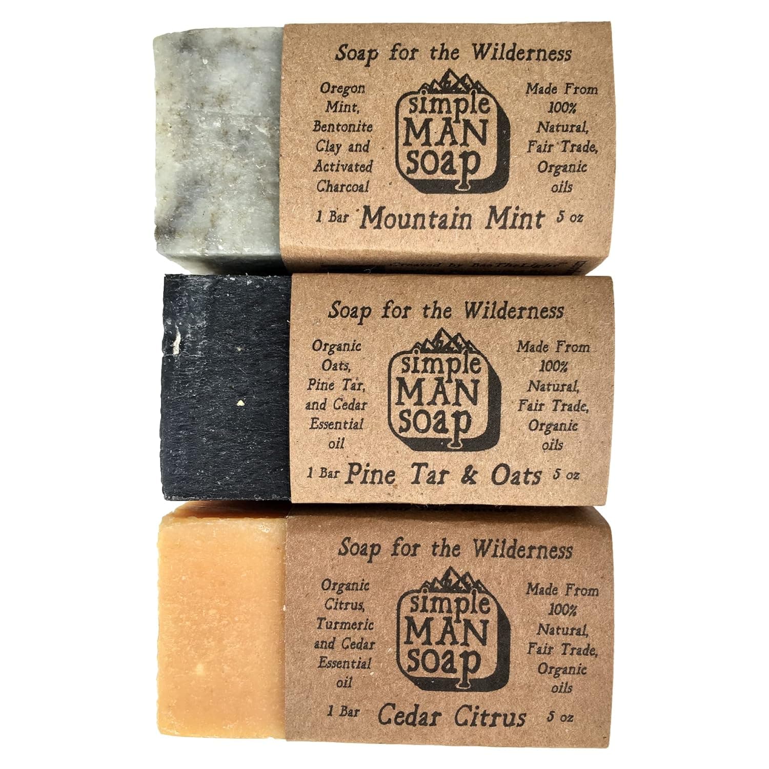 Simple Man Soap Bar Organic Fair Trade Cold Process Manly All Natural Soap - Artisan & Handmade - Refreshing Bath Soap Bars - Man’s Shower Blocks - Mountain Mint Pine Tar & Oat Cedar Turmeric Citrus