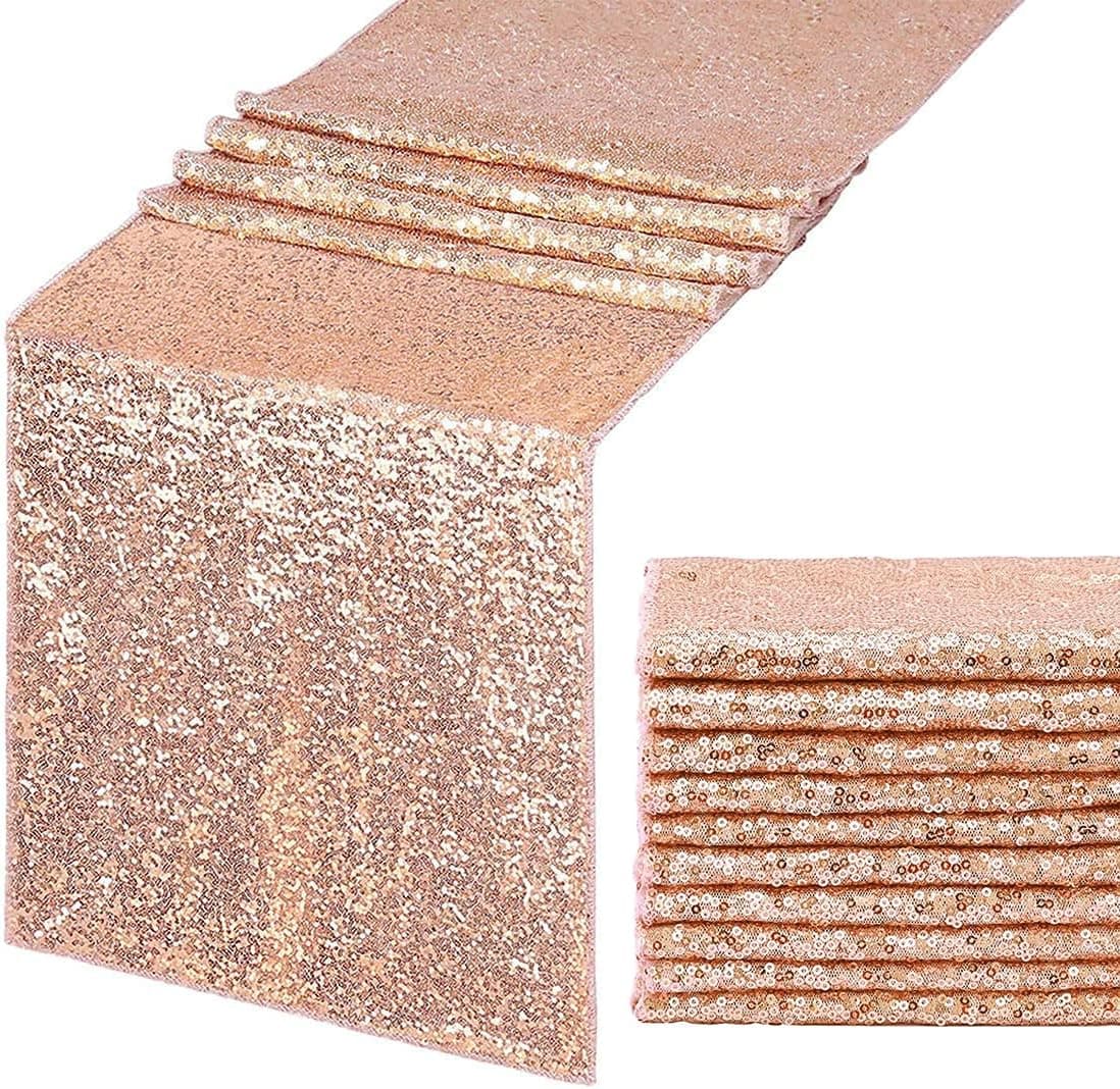 Poise3EHome Sequin Wedding Table Runner Glitz Baby Shower Party Cake Table Decoration (12" X 60"-10 Pack, Rose Gold)