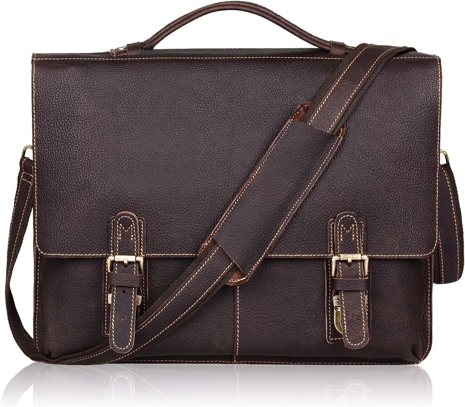 Jack&Chris Leather 15.6" Briefcase Twin Buckle Men's Messenger Bag (Dark Brown)