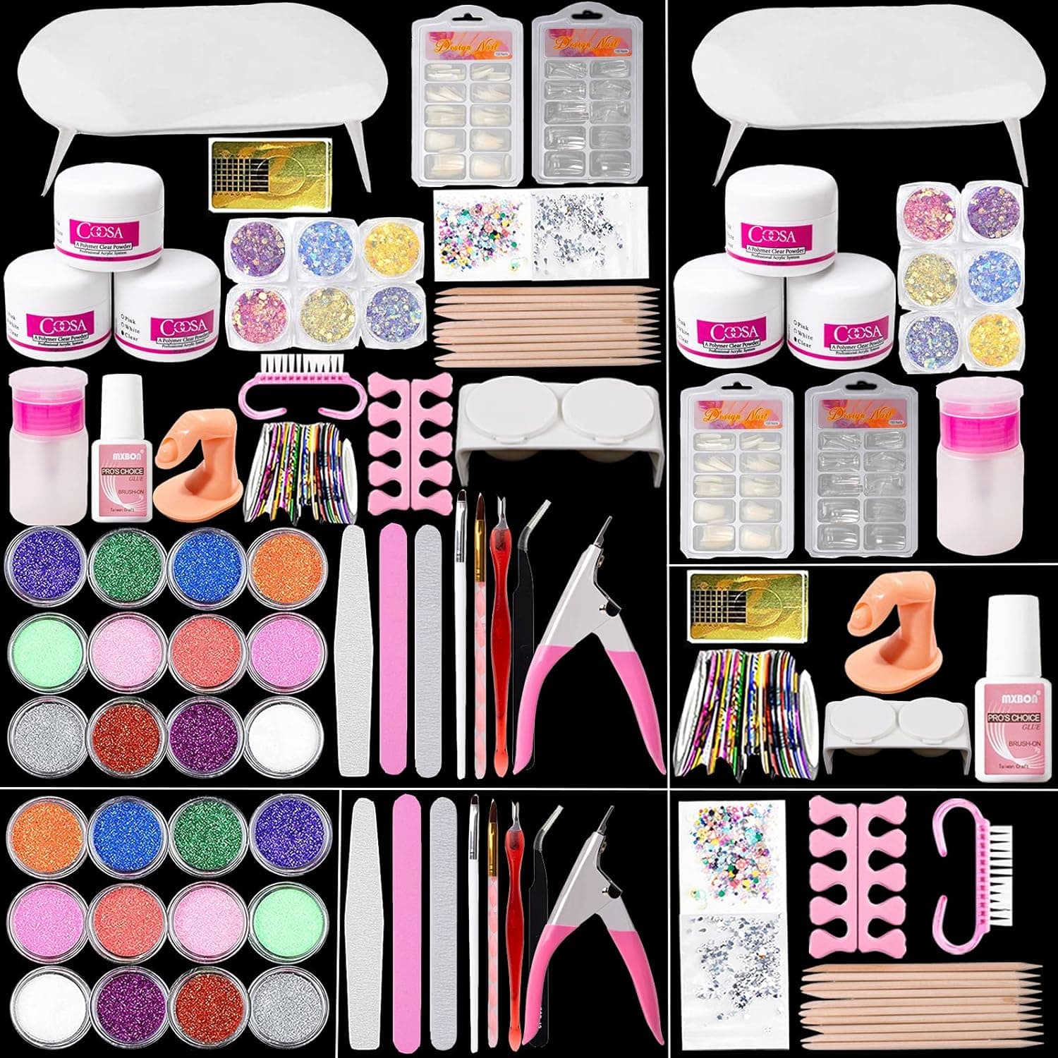 Acrylic Nail Tools, Coosa Acrylic powder Shiny Glitter Nail Art Decoration Professional DIY Gel Nail Kit Manicure File Nail Art Set with Nail Dryers