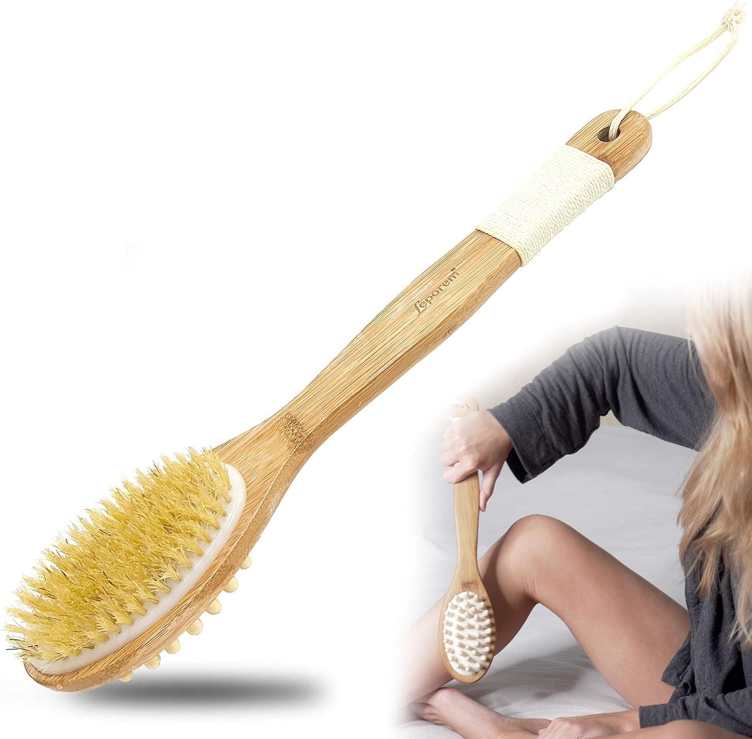 Body Brush - Dual-Sided Long Handle Bath Shower Brush, Back Scrubber Body Exfoliator for Dry or Wet Brushing Cellulite & Lymphatic Massage for Glowing Tighter Skin, Stimulate Blood Circulation
