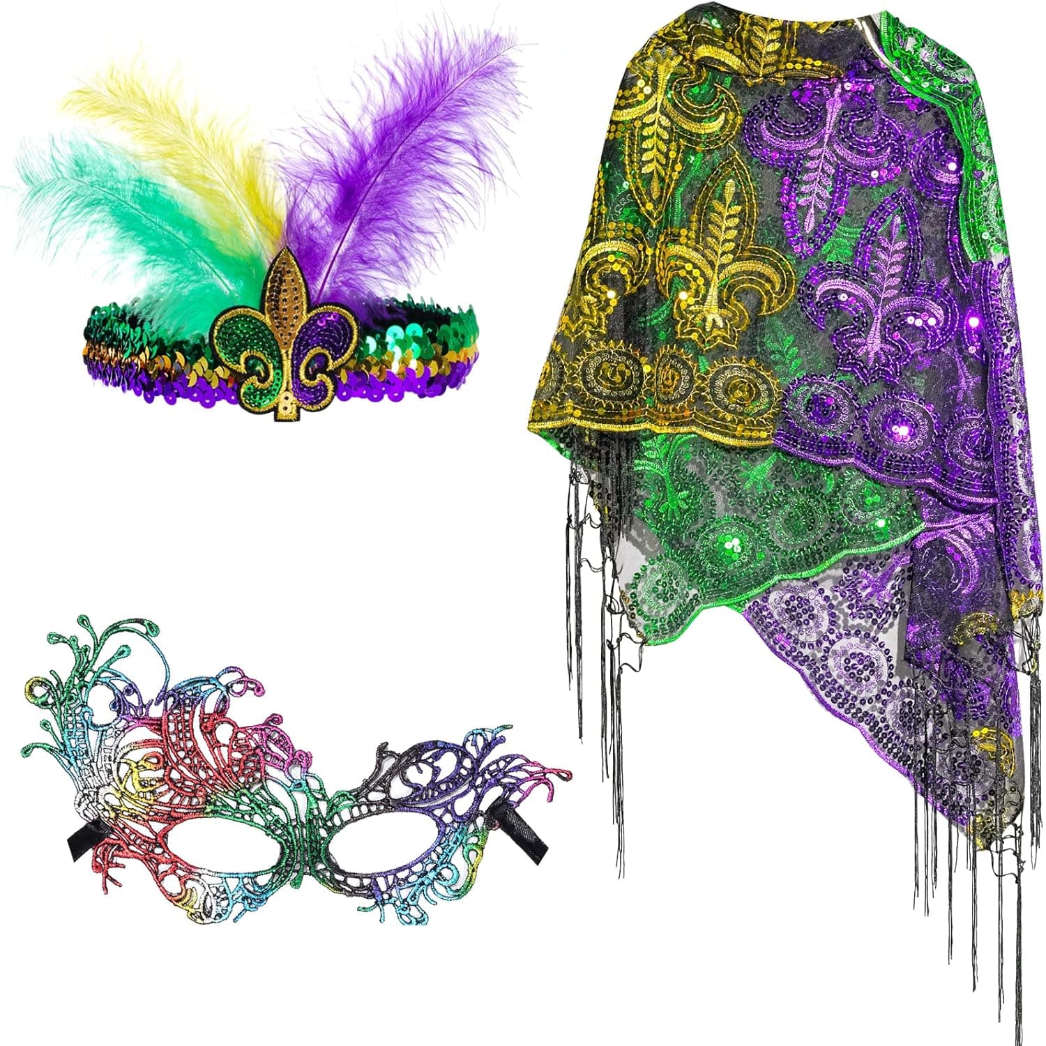 Mardi Gras Shawl Scarf Costume with Mardi Gras Headband Masquerade Party Favor Accessories