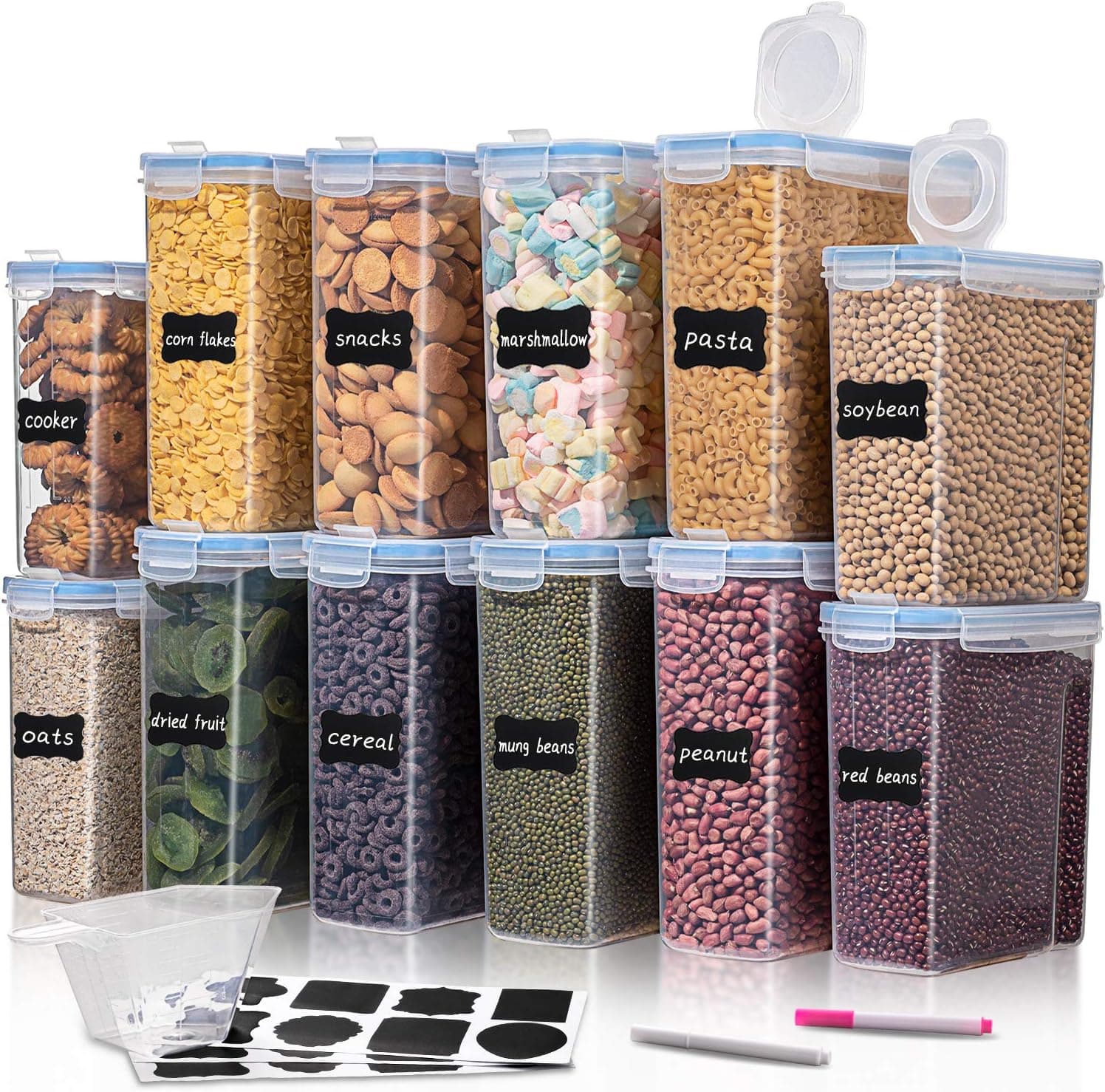 WUHUME Large Cereal & Dry Food Storage Containers Set of 12, Airtight Cereal Storage Containers for Sugar, Flour, Snack, Baking Supplies, Leak-proof with Blue Locking Lids