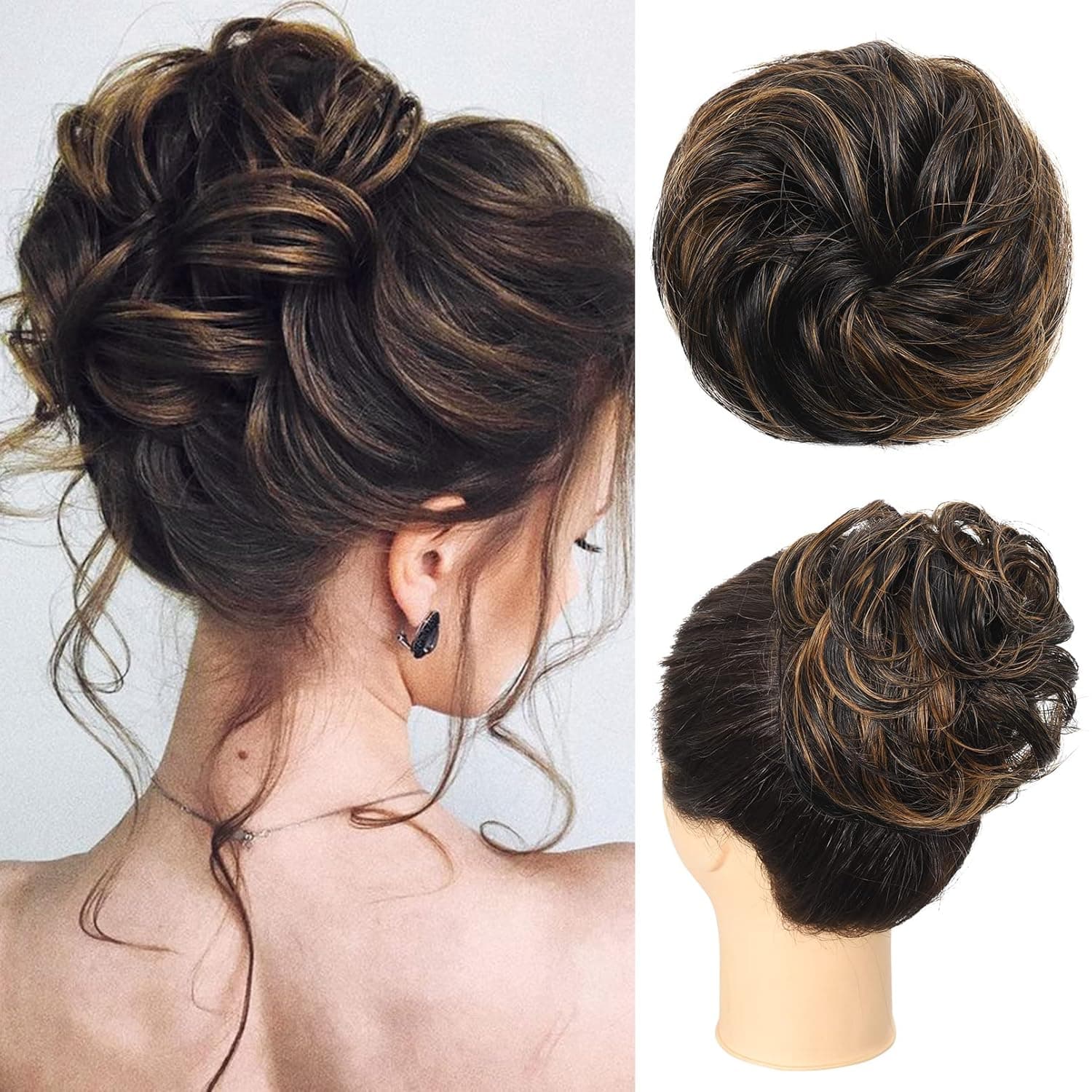 YOGIFT Messy Bun Hair Piece Premium, Pure Human Hair Bun Extensions Updo Hairpieces, Fake Hair Bun Scrunchie with Elastic Band for Women - Black with Golden Blonde Highlights