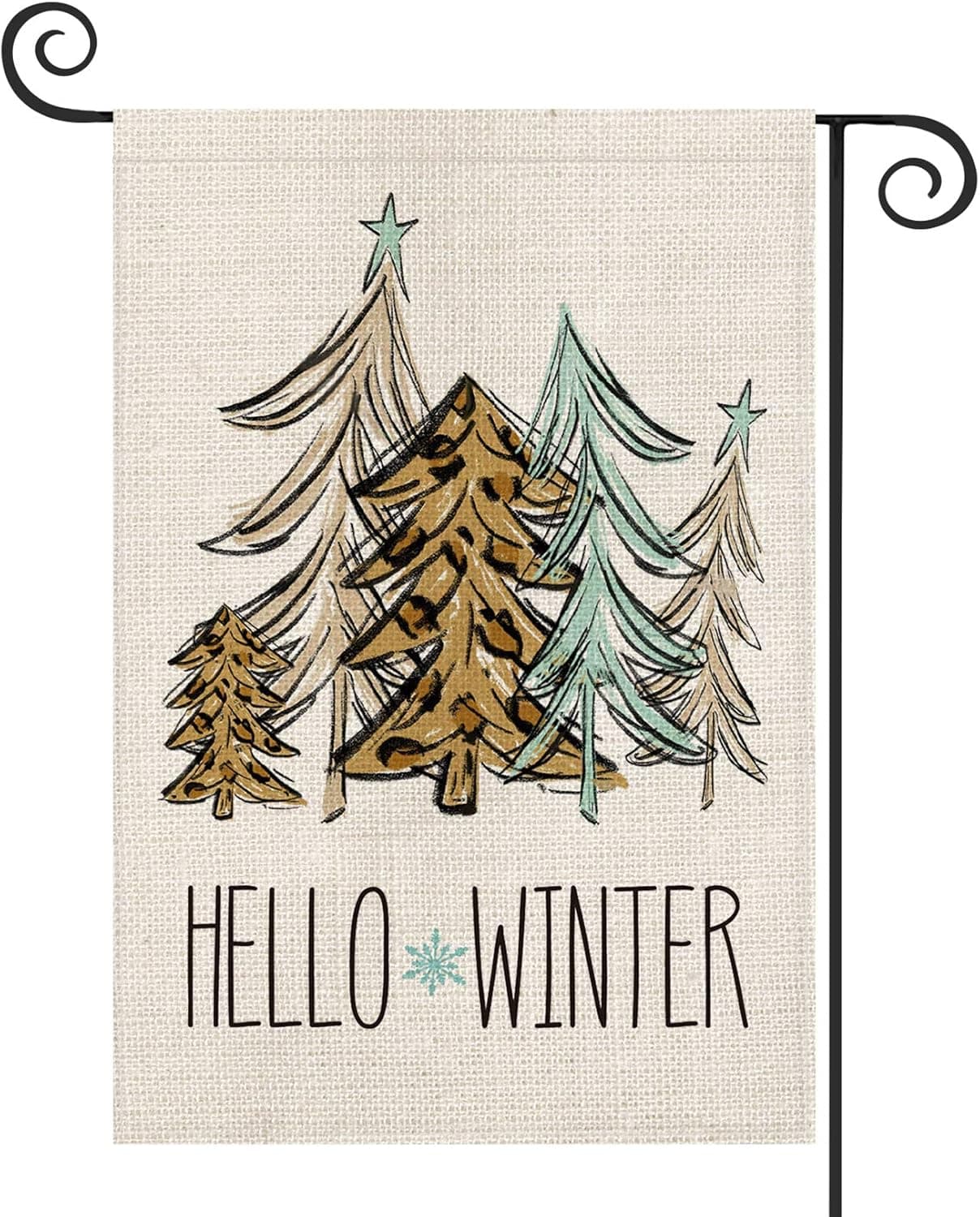 AVOIN Hello Winter Leopard Hand Draw Christmas Tree Garden Flag Vertical Double Sized, Holiday Star Snowflake Yard Outdoor Decoration 12.5 x 18 Inch