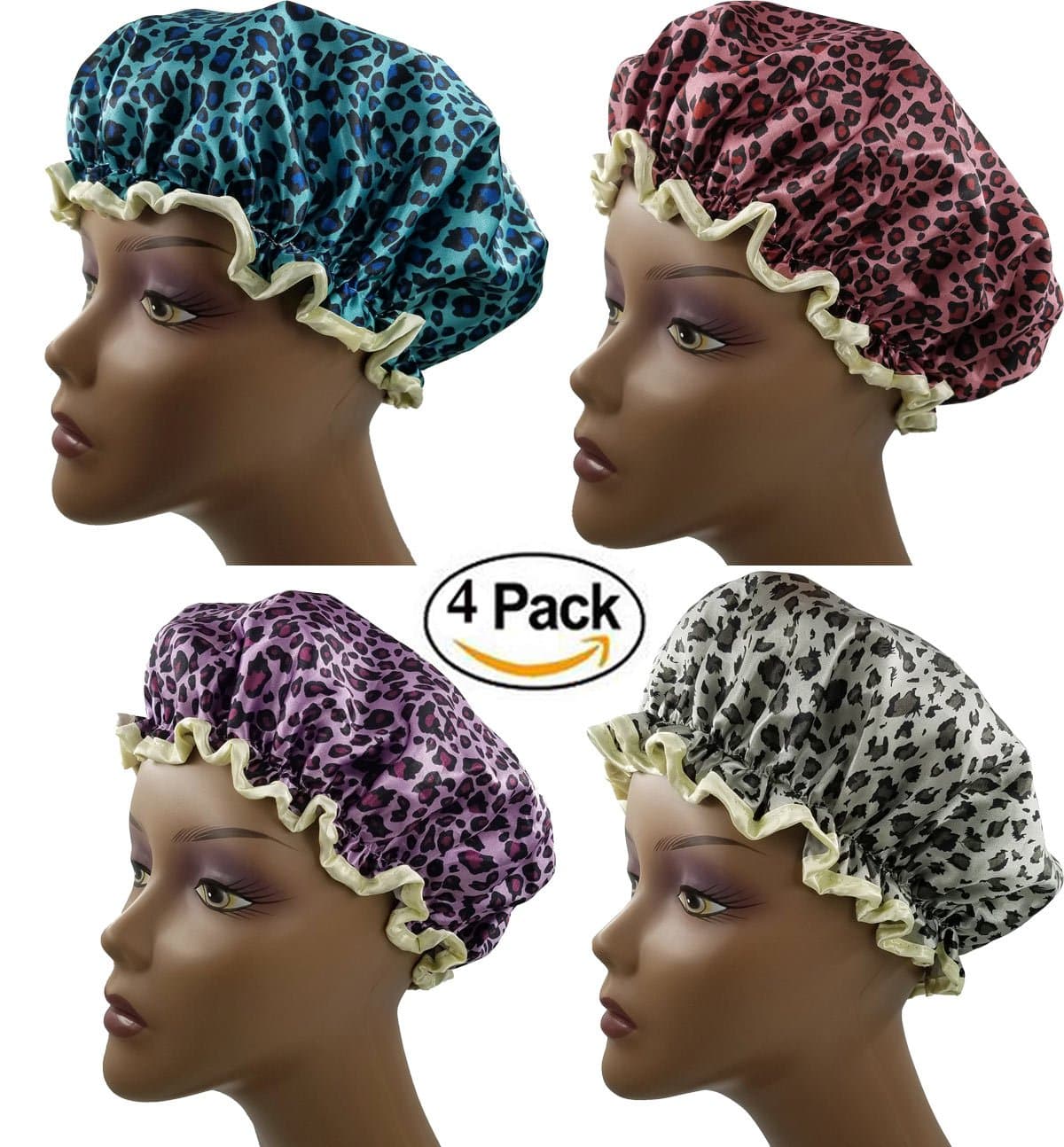 Shower Cap, 4 pack Bath Cap Safari Spots Designed for Women Waterproof Double Layer Satin Lined (4 pack Safari)